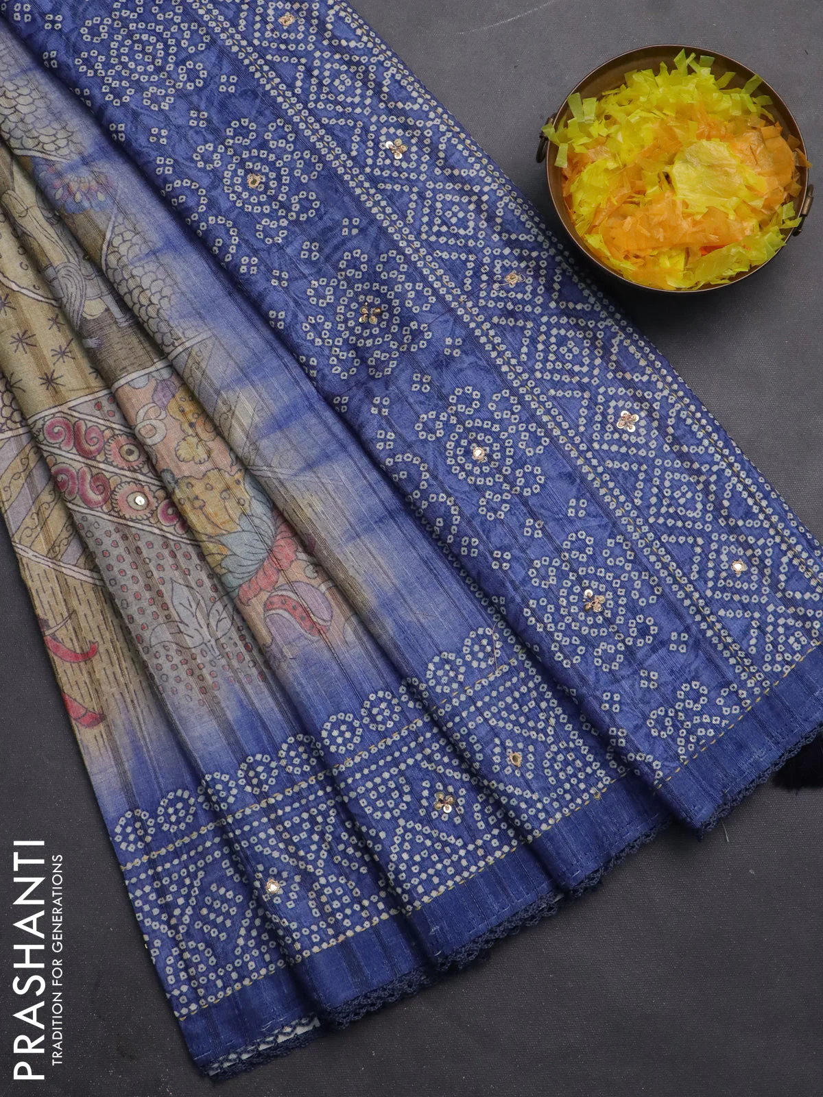 Matka tussar saree multi colour and blue with allover kalamkari prints and bandhani printed & embroidery work border