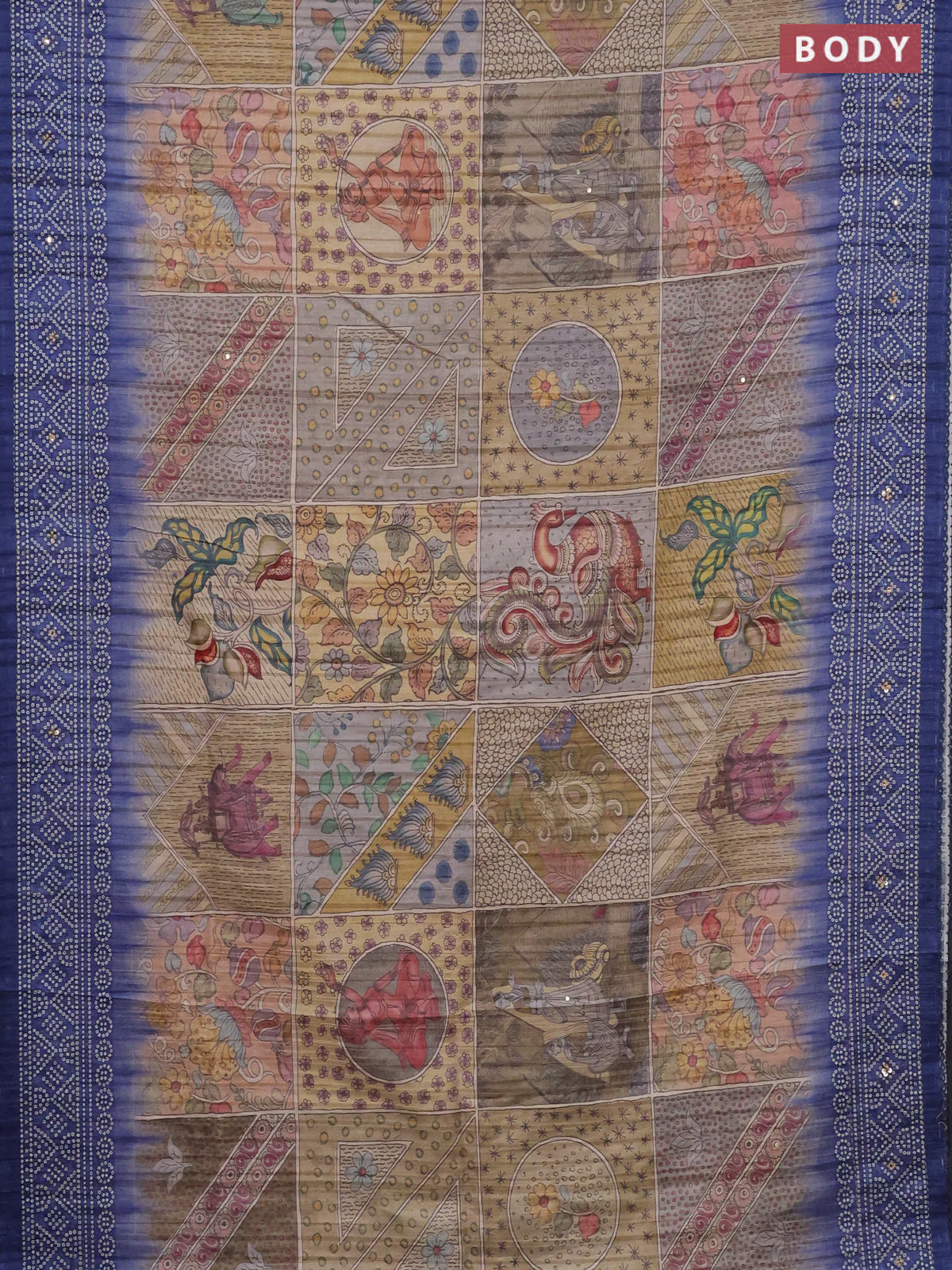 Matka tussar saree multi colour and blue with allover kalamkari prints and bandhani printed & embroidery work border - Image 2