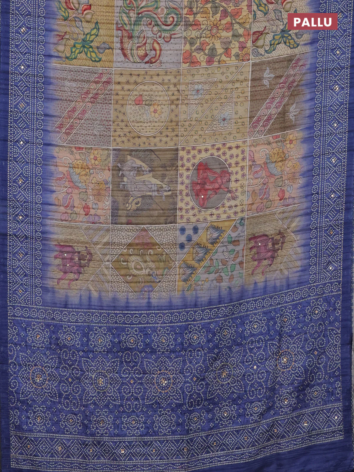 Matka tussar saree multi colour and blue with allover kalamkari prints and bandhani printed & embroidery work border - Image 3