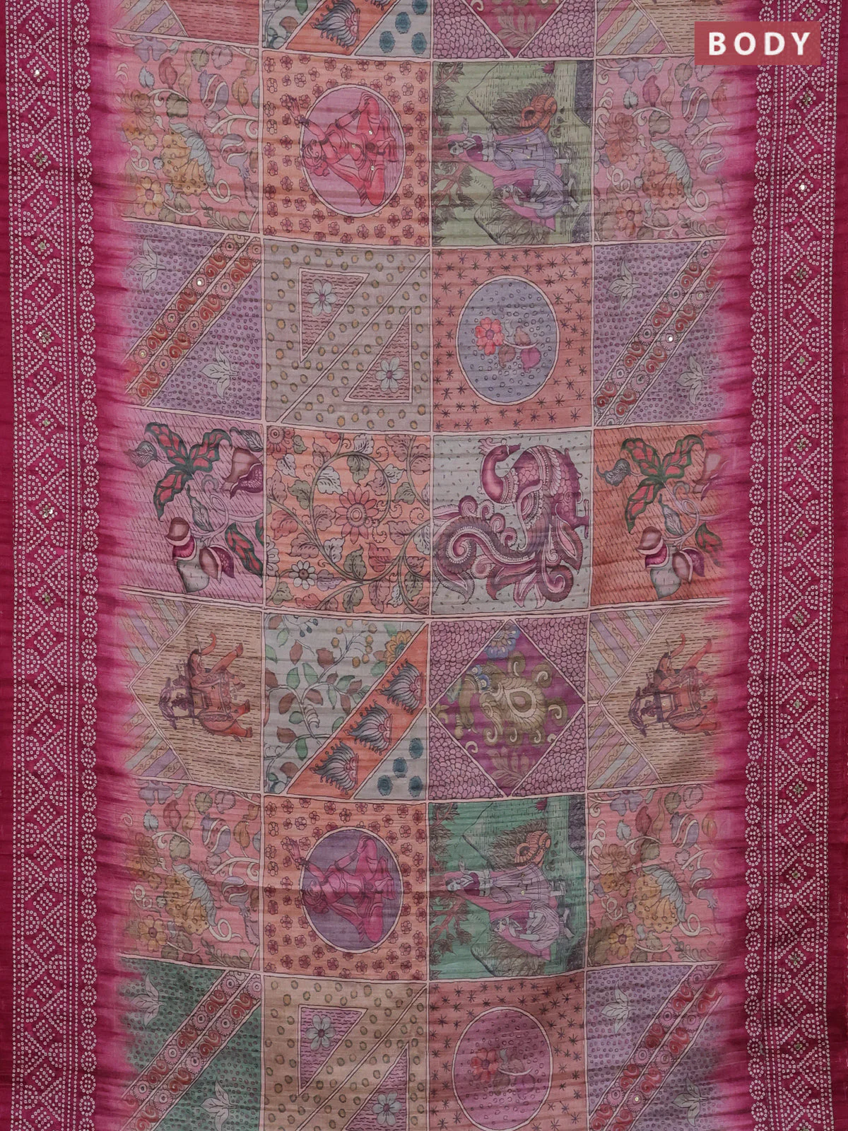 Matka tussar saree multi colour and magenta pink with allover kalamkari prints and bandhani printed & embroidery work border - Image 2