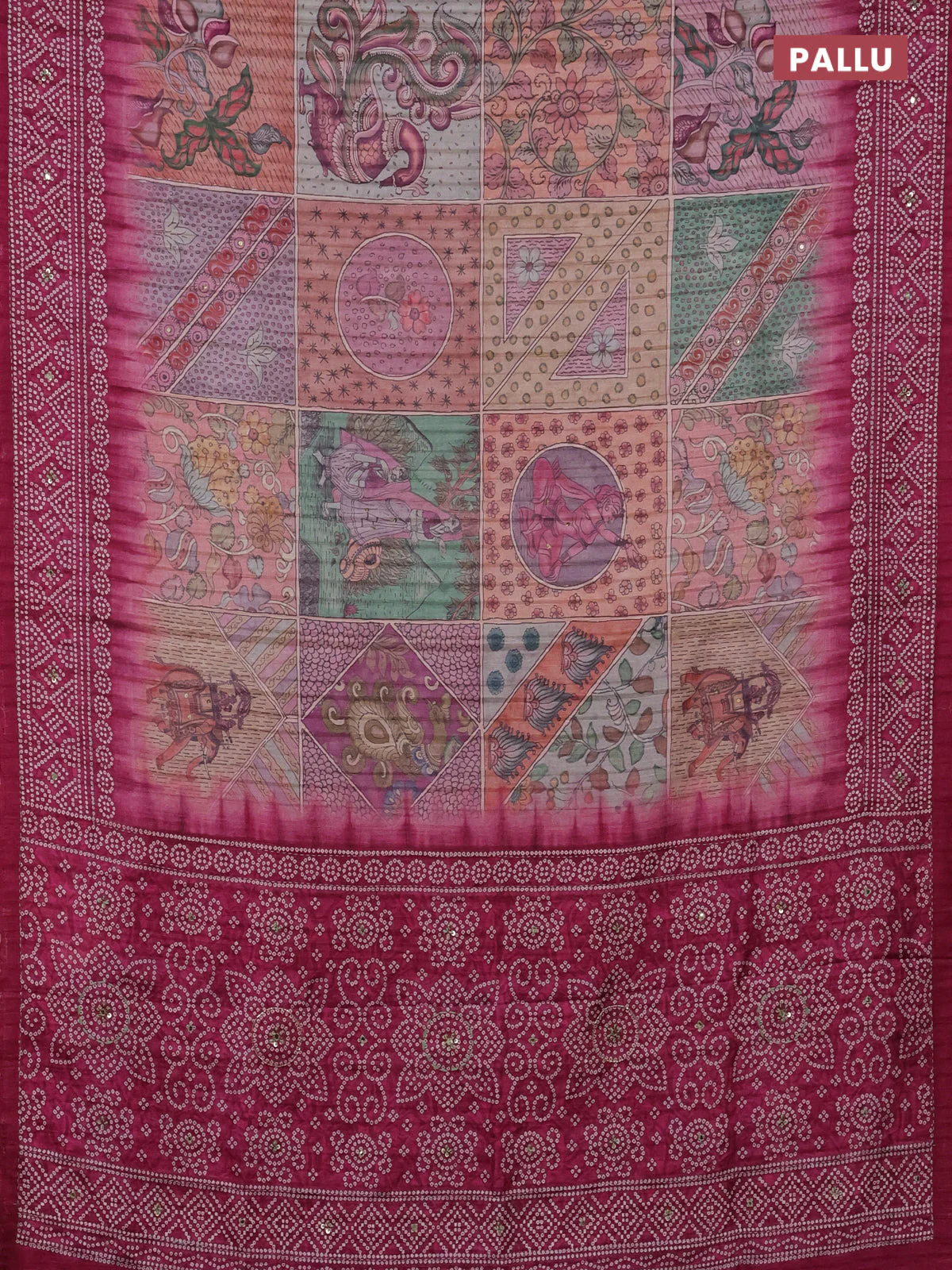 Matka tussar saree multi colour and magenta pink with allover kalamkari prints and bandhani printed & embroidery work border - Image 3