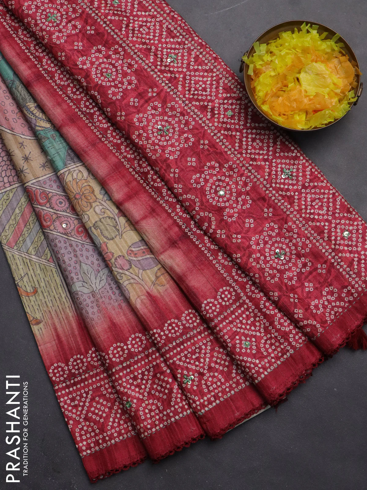 Matka tussar saree multi colour and maroon with allover kalamkari prints and bandhani printed & embroidery work border