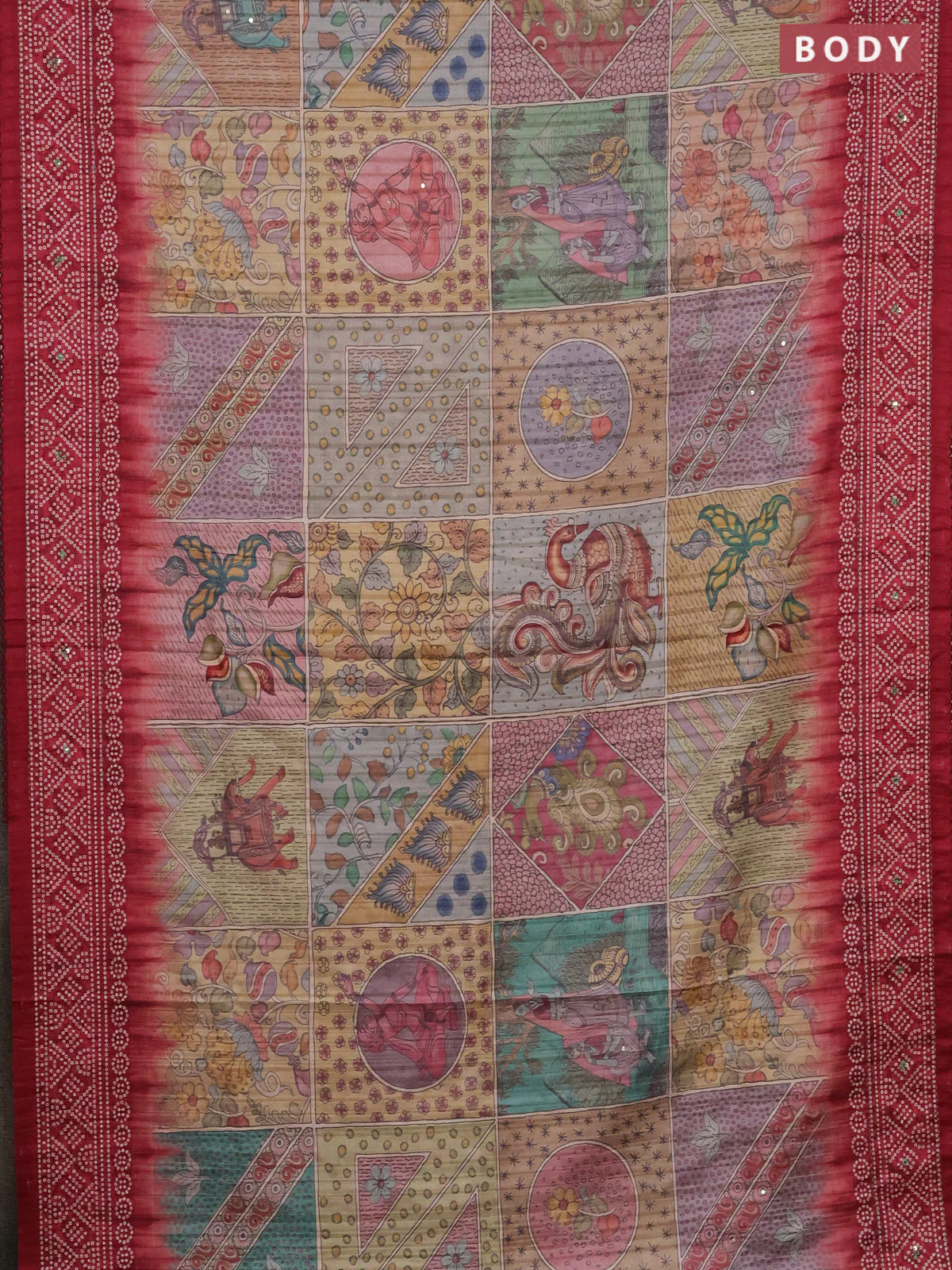 Matka tussar saree multi colour and maroon with allover kalamkari prints and bandhani printed & embroidery work border - Image 2