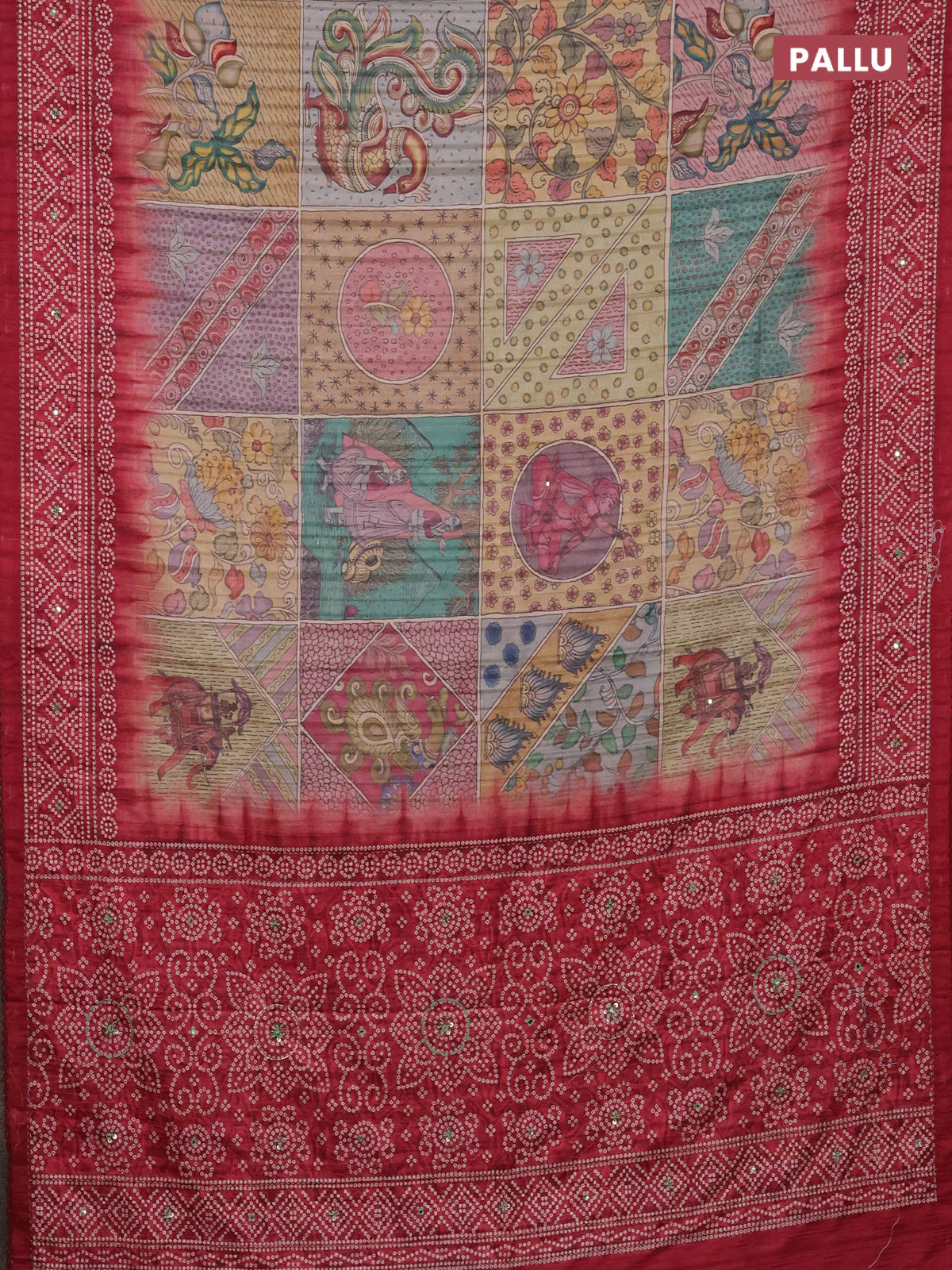 Matka tussar saree multi colour and maroon with allover kalamkari prints and bandhani printed & embroidery work border - Image 3