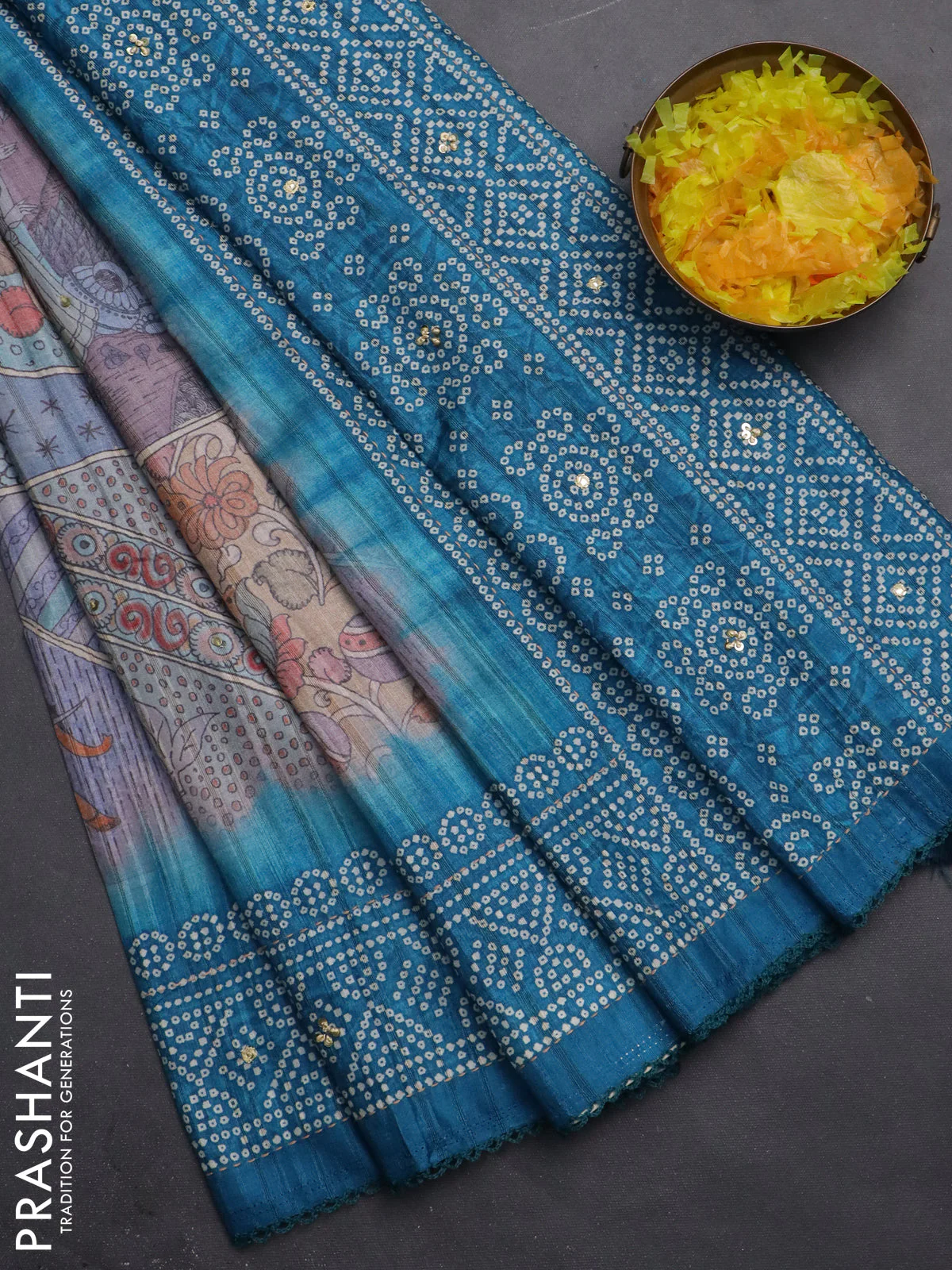 Matka tussar saree multi colour and peacock blue with allover kalamkari prints and bandhani printed & embroidery work border