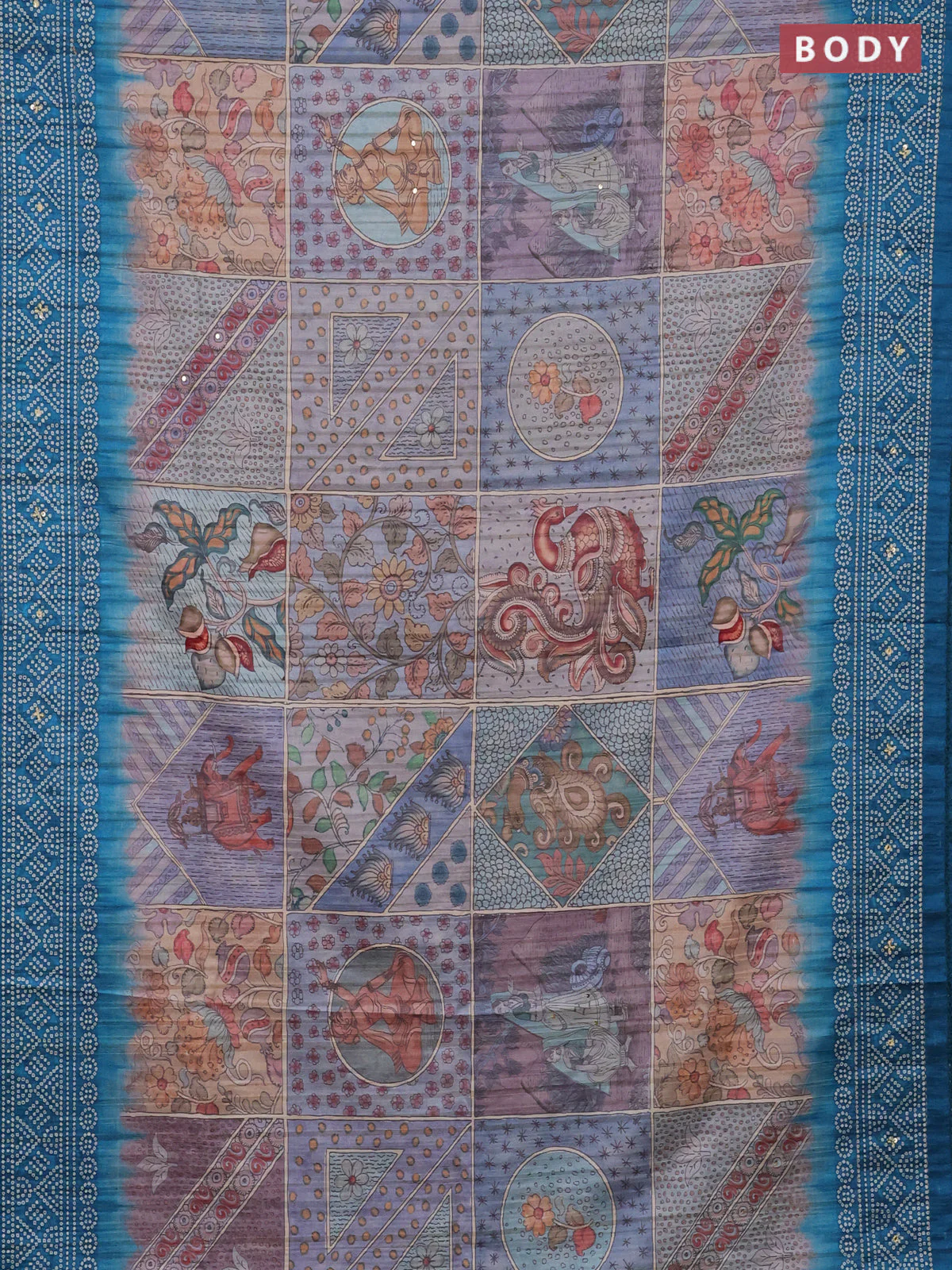 Matka tussar saree multi colour and peacock blue with allover kalamkari prints and bandhani printed & embroidery work border - Image 2