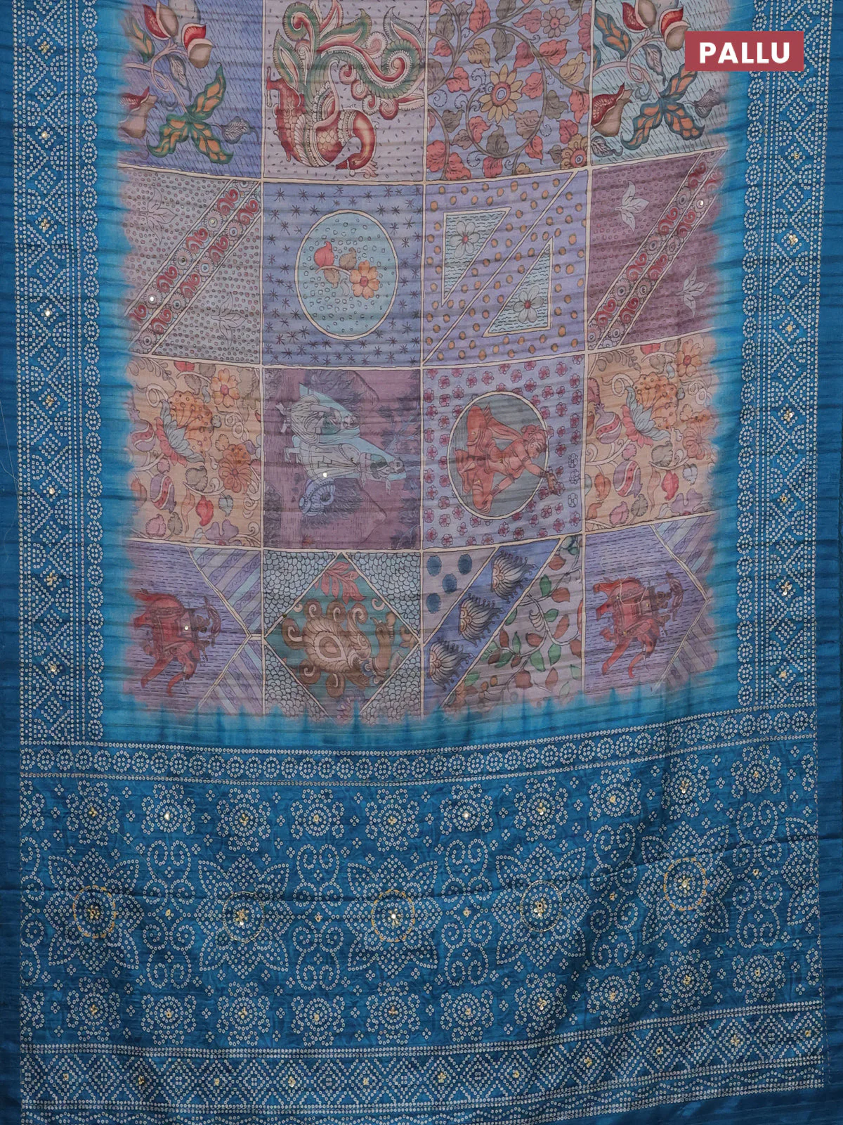 Matka tussar saree multi colour and peacock blue with allover kalamkari prints and bandhani printed & embroidery work border - Image 3
