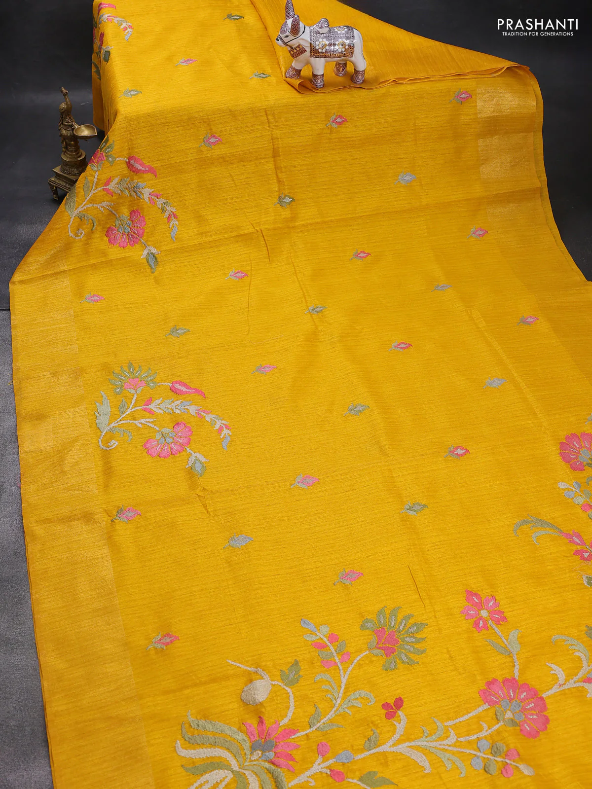 Matka tussar saree mustard yellow with floral embroidery and zari woven border - Image 2
