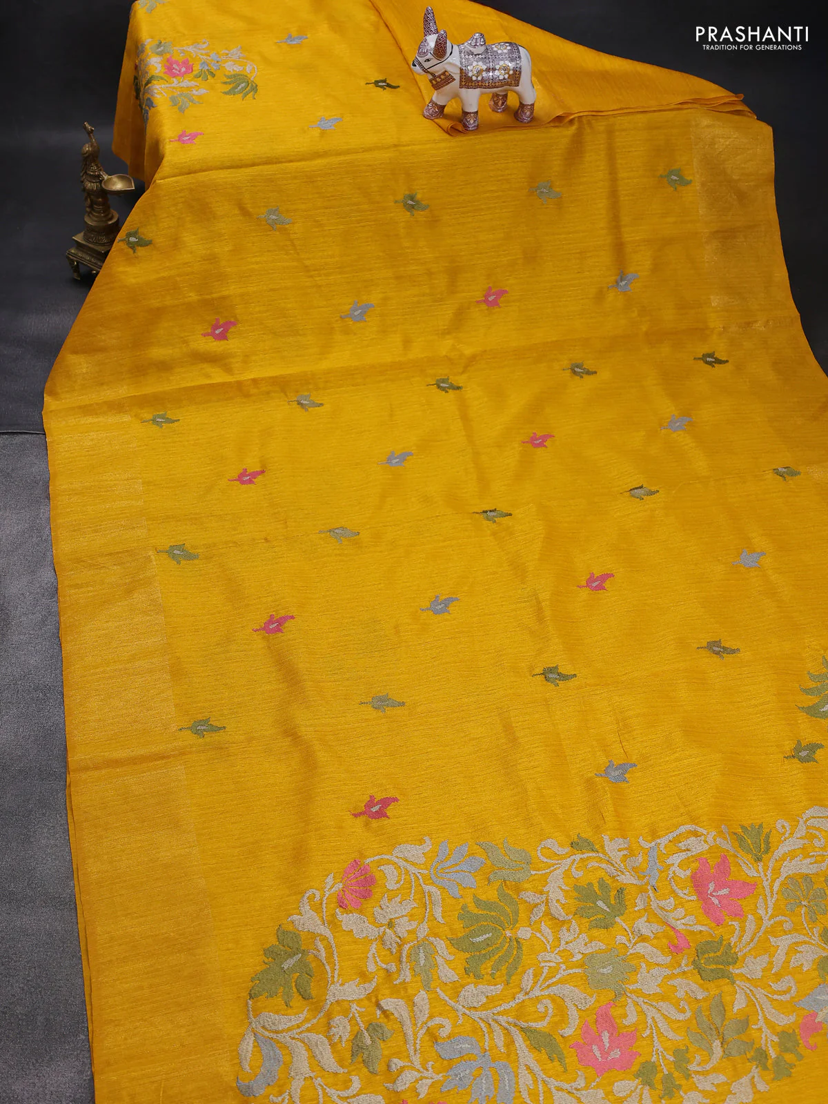 Matka tussar saree mustard yellow with floral embroidery and zari woven border - Image 2