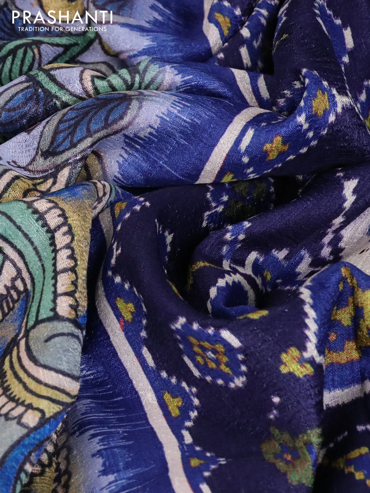 Matka tussar saree pastel grey and blue with allover kalamkari prints and zari woven border - Image 3