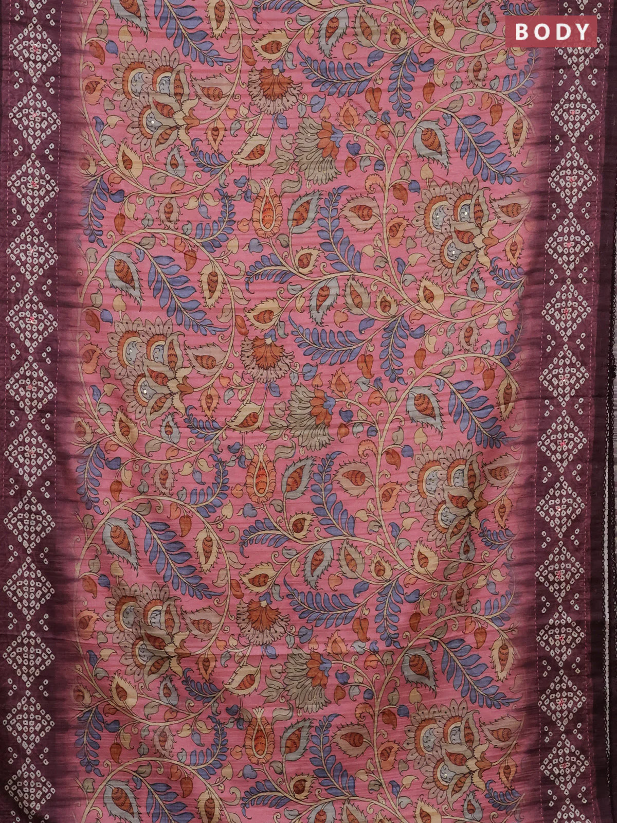 Matka tussar saree peach pink and deep jamun shade with allover kalamkari prints and bandhani printed & embroidery work border - Image 2