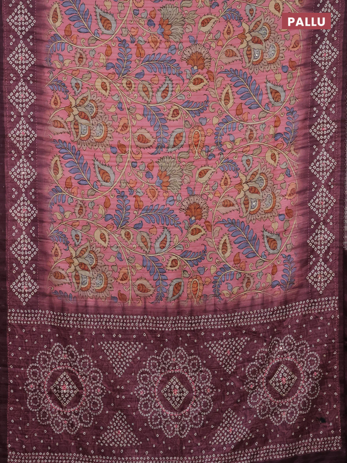 Matka tussar saree peach pink and deep jamun shade with allover kalamkari prints and bandhani printed & embroidery work border - Image 3