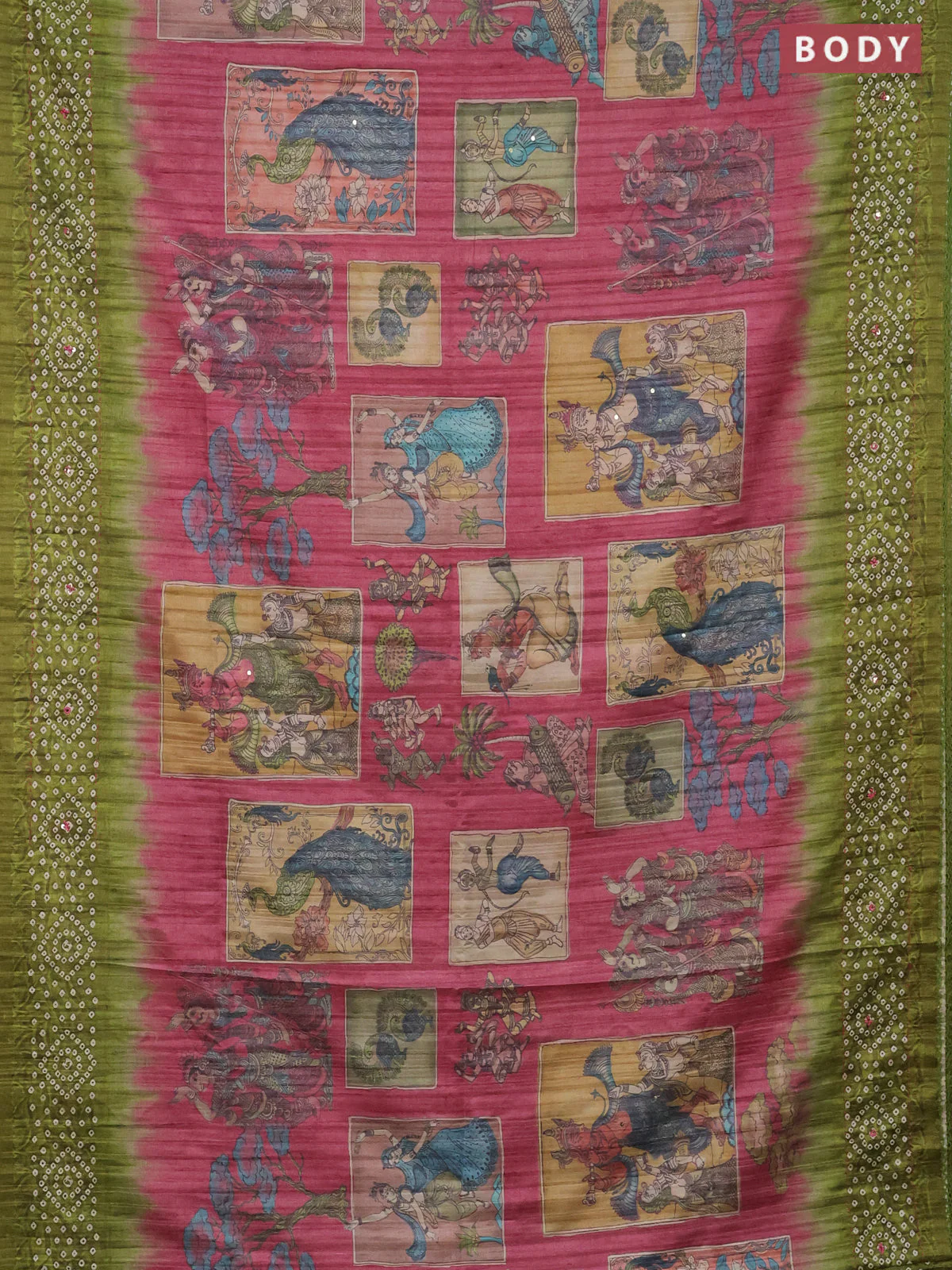 Matka tussar saree peach pink and light green with allover kalamkari prints and bandhani printed & embroidery work border - Image 2