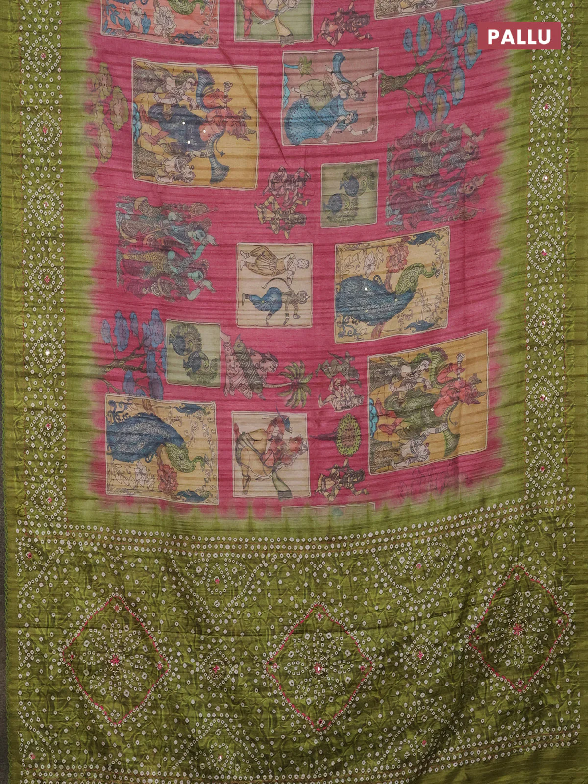 Matka tussar saree peach pink and light green with allover kalamkari prints and bandhani printed & embroidery work border - Image 3