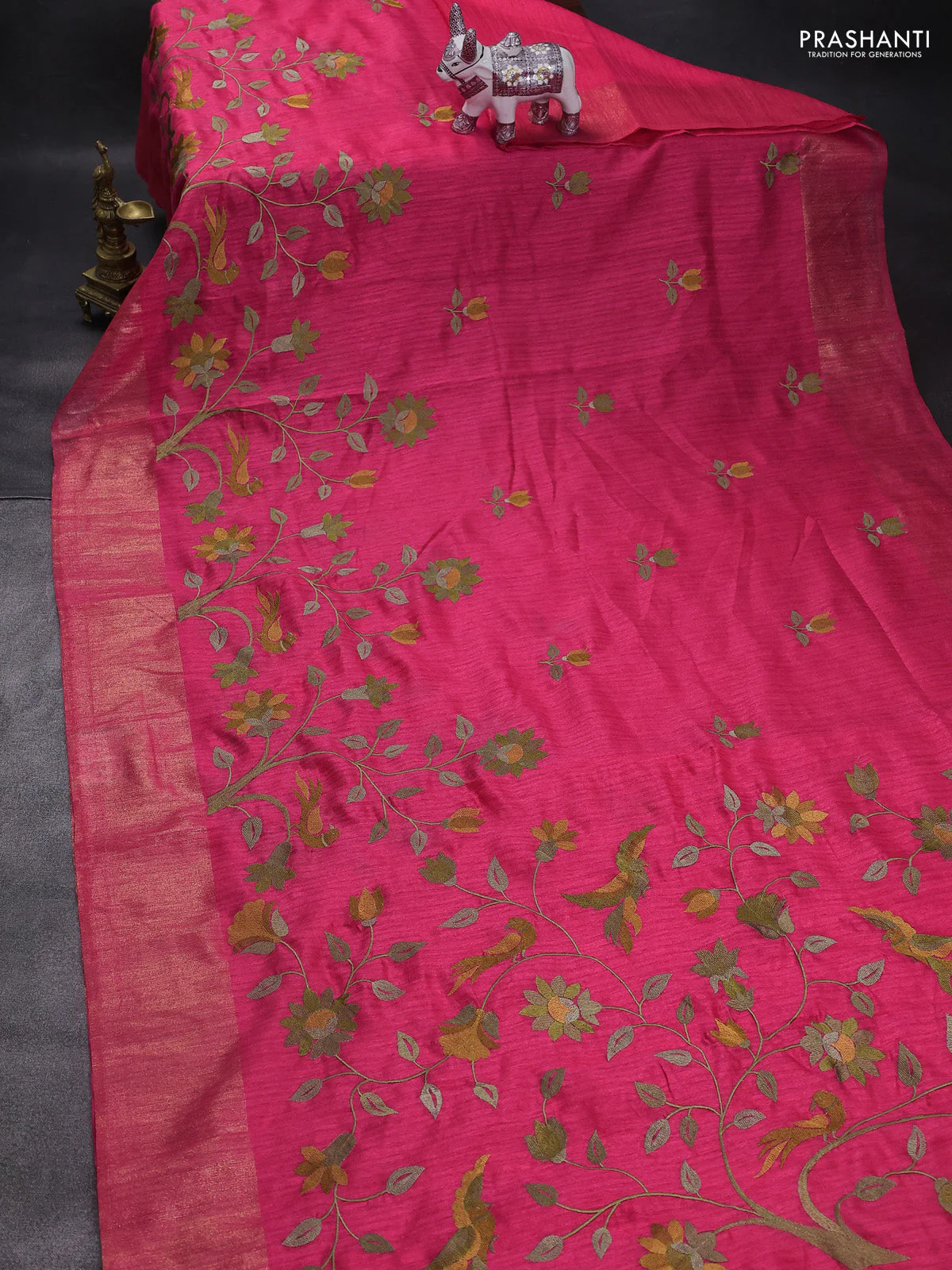 Matka tussar saree pink with floral embroidery and zari woven border - Image 2