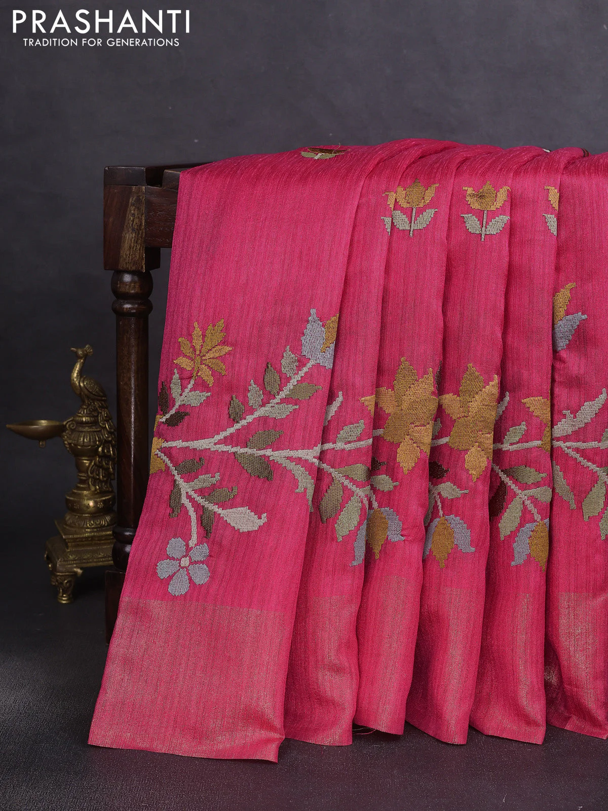 Matka tussar saree pink with floral embroidery and zari woven border