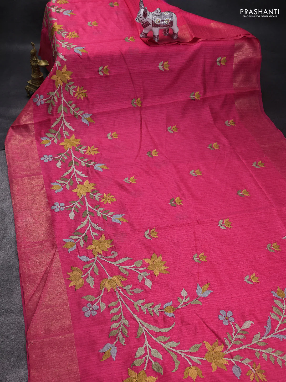 Matka tussar saree pink with floral embroidery and zari woven border - Image 2