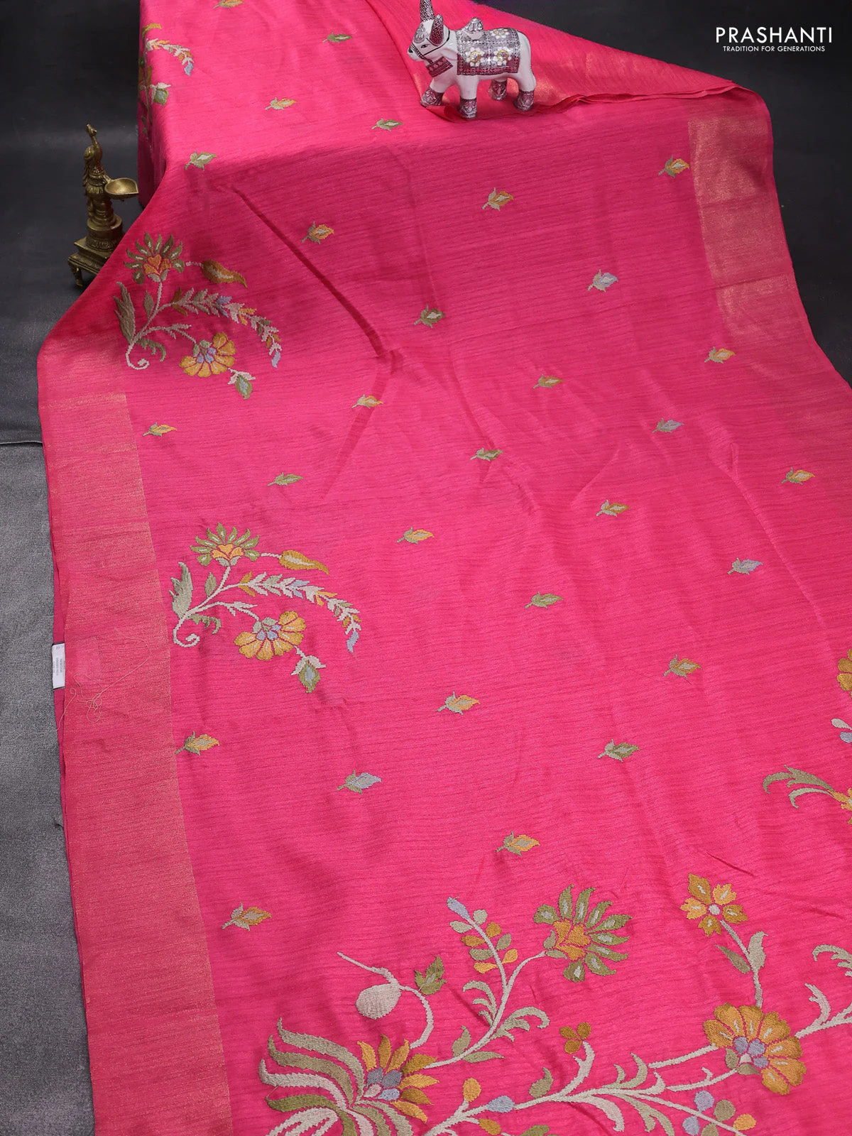Matka tussar saree pink with floral embroidery and zari woven border - Image 2