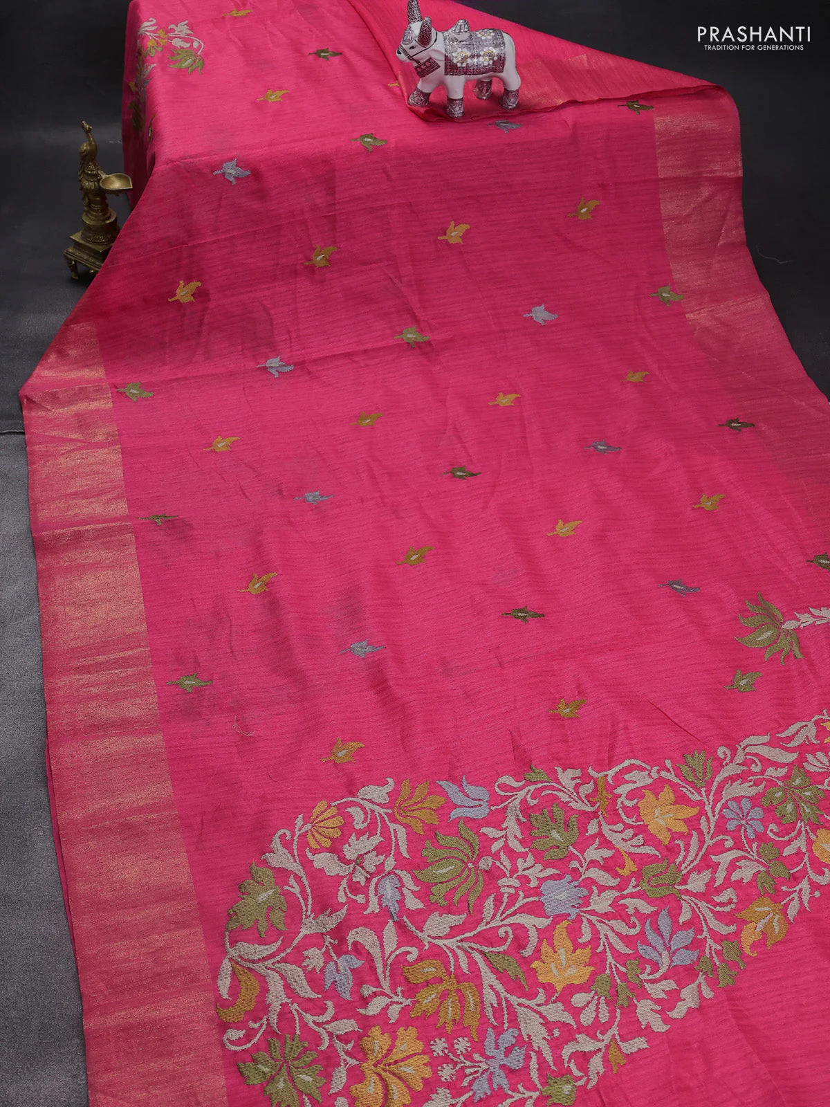 Matka tussar saree pink with floral embroidery and zari woven border - Image 2