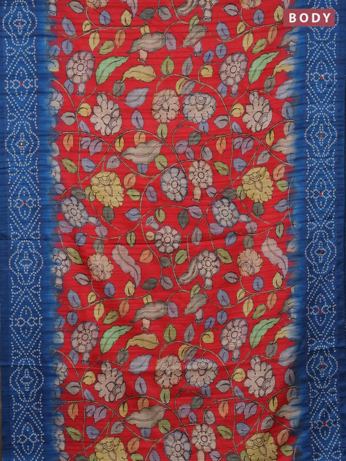 Matka tussar saree red and blue with allover kalamkari prints and bandhani printed & embroidery work border - Image 2
