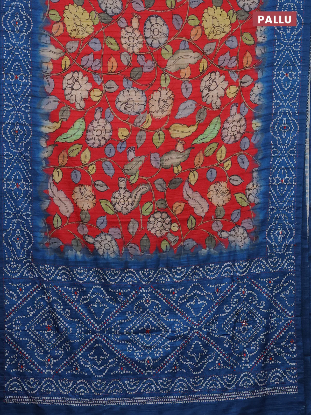 Matka tussar saree red and blue with allover kalamkari prints and bandhani printed & embroidery work border - Image 3