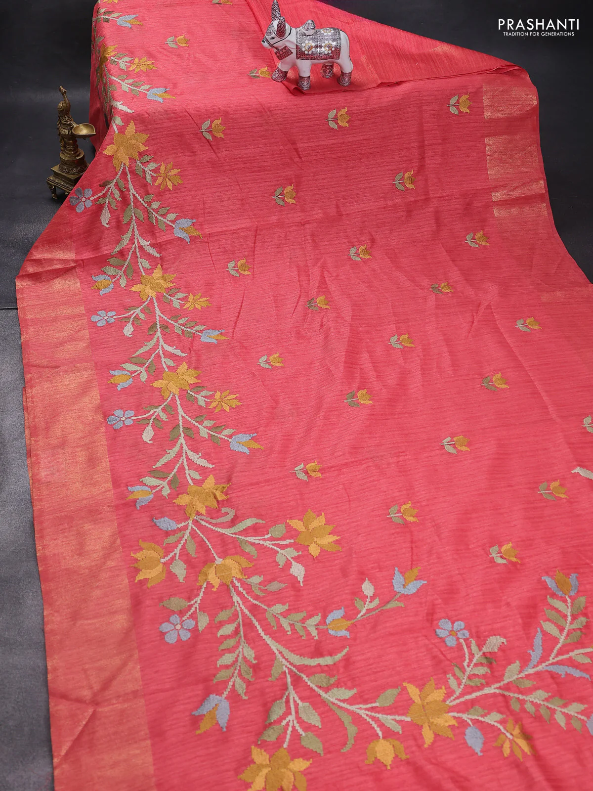 Matka tussar saree red with floral embroidery and zari woven border - Image 2