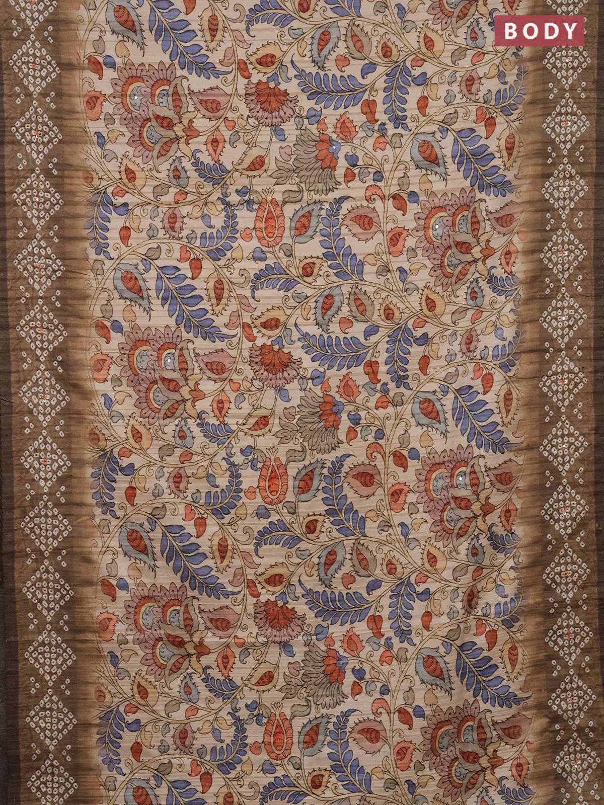 Matka tussar saree sandal and dark mehendi green with allover kalamkari prints and bandhani printed & embroidery work border - Image 2