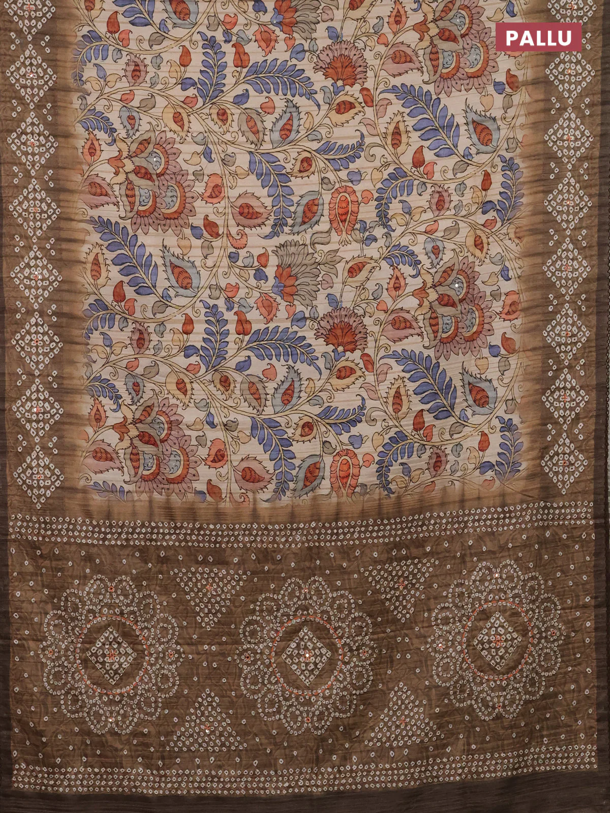 Matka tussar saree sandal and dark mehendi green with allover kalamkari prints and bandhani printed & embroidery work border - Image 3