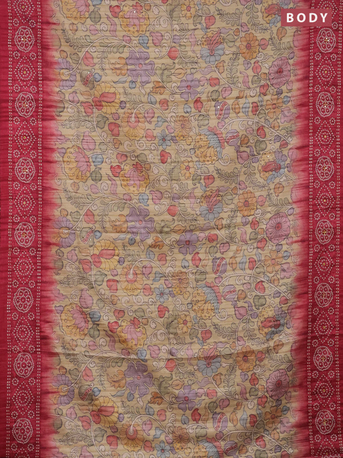 Matka tussar saree sandal and pink with allover kalamkari prints and bandhani printed & embroidery work border - Image 2