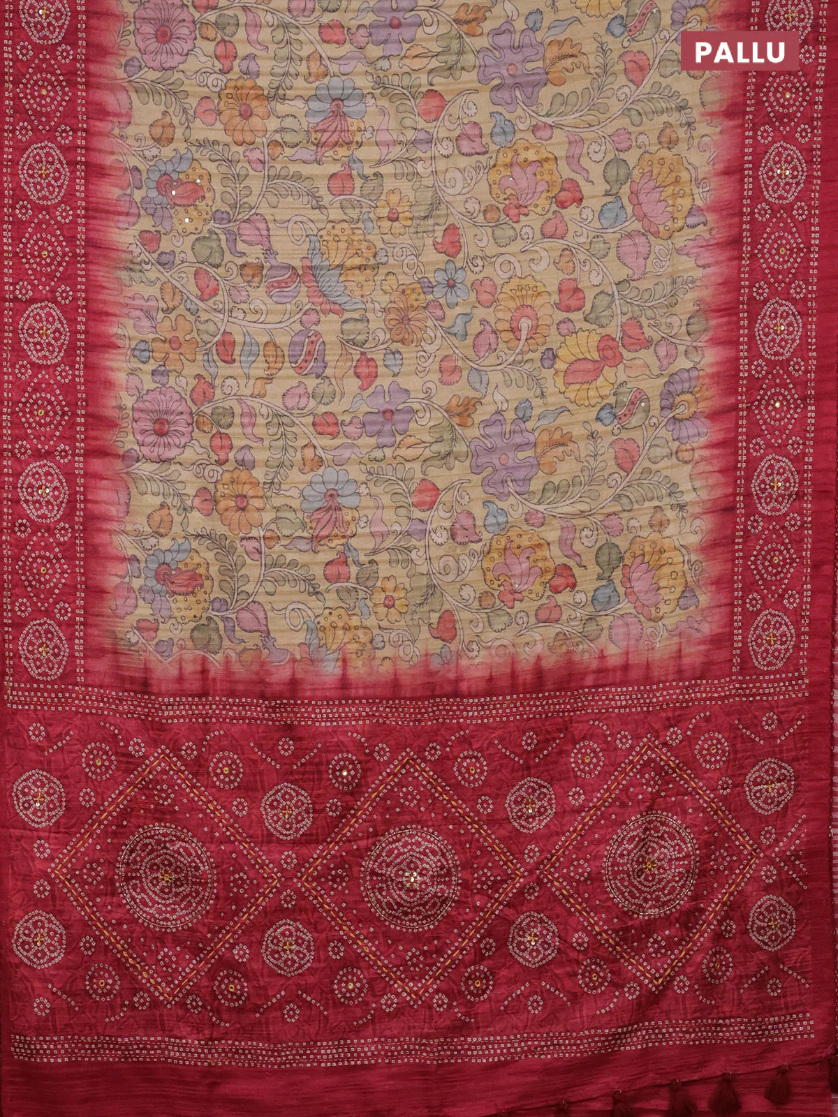 Matka tussar saree sandal and pink with allover kalamkari prints and bandhani printed & embroidery work border - Image 3