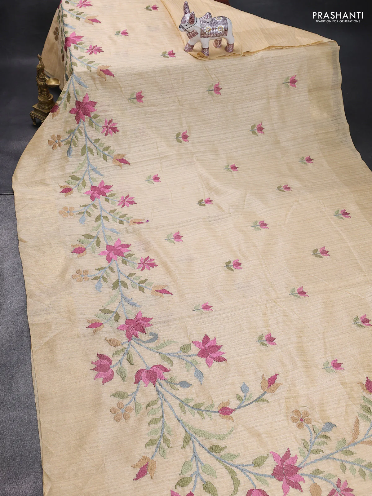 Matka tussar saree sandal with floral embroidery and zari woven border - Image 2