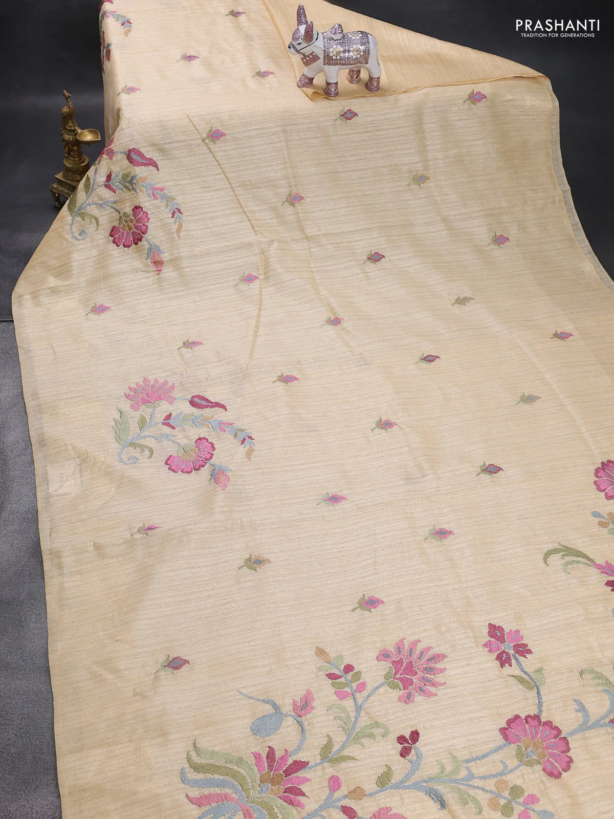 Matka tussar saree sandal with floral embroidery and zari woven border - Image 2