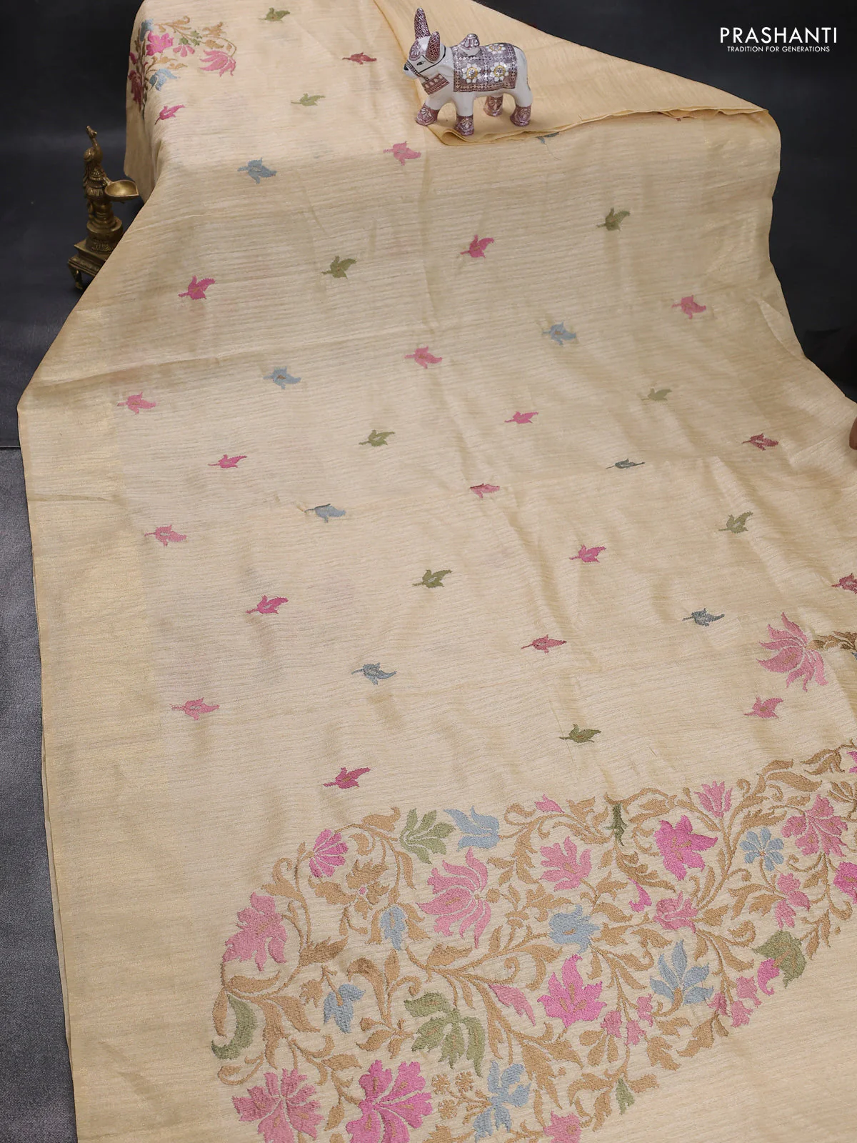 Matka tussar saree sandal with floral embroidery and zari woven border - Image 2