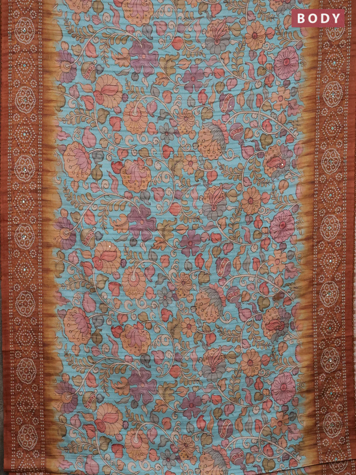 Matka tussar saree teal blue and brown with allover kalamkari prints and bandhani printed & embroidery work border - Image 2