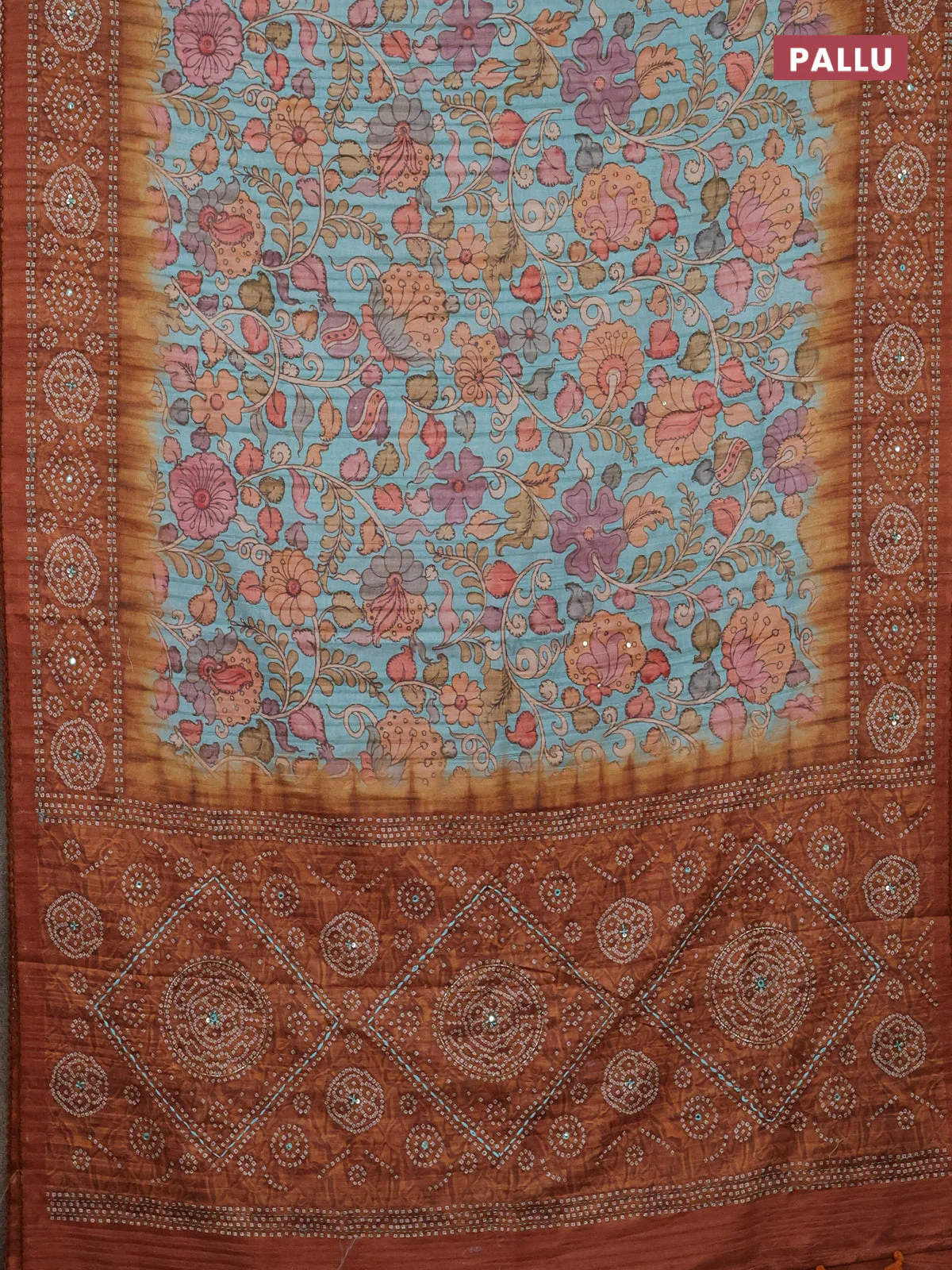 Matka tussar saree teal blue and brown with allover kalamkari prints and bandhani printed & embroidery work border - Image 3