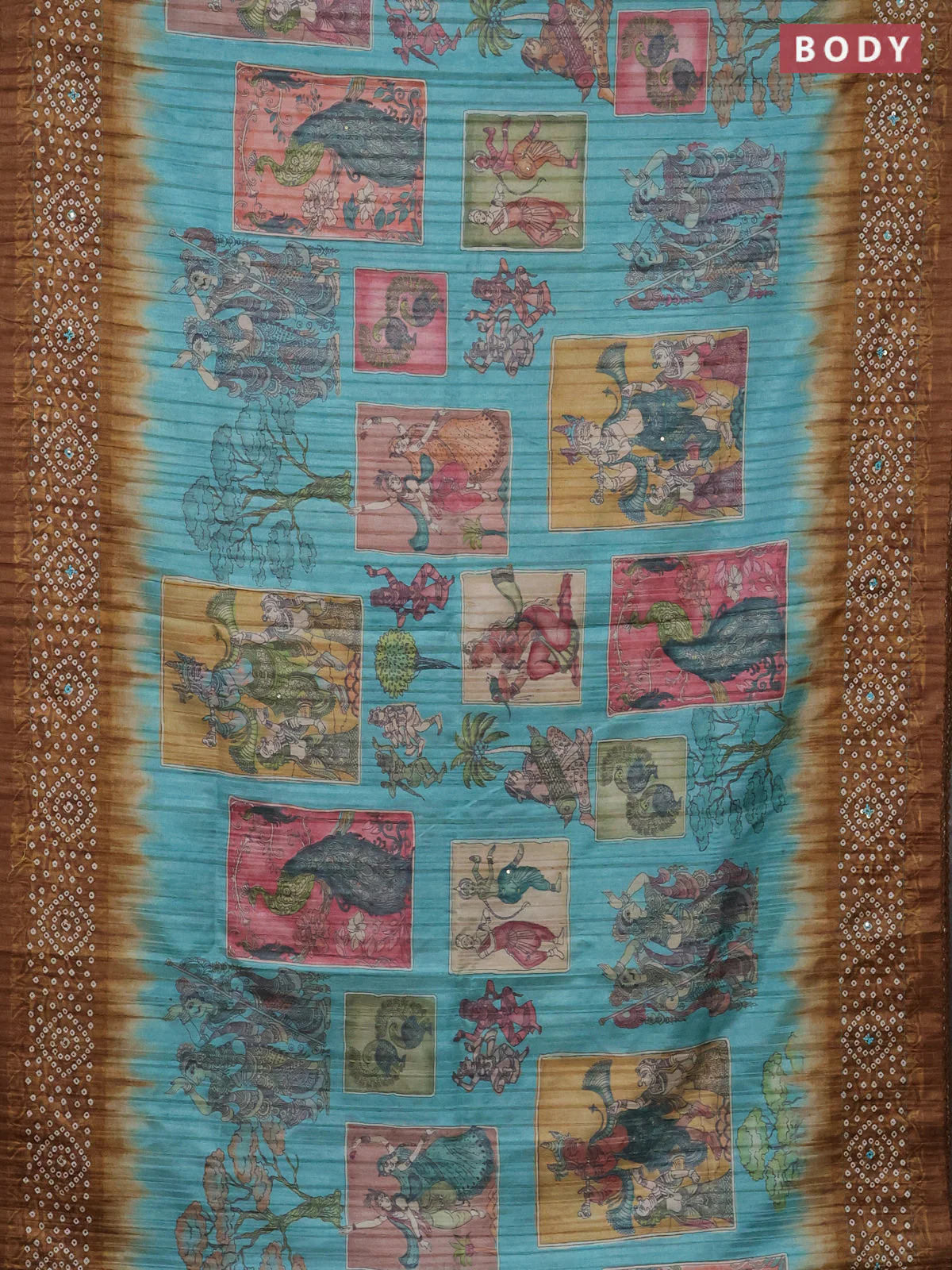 Matka tussar saree teal blue and dark mustard with allover kalamkari prints and bandhani printed & embroidery work border - Image 2