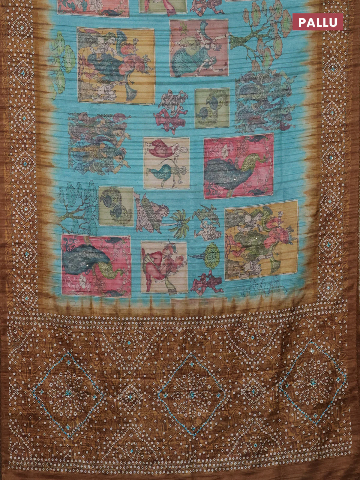 Matka tussar saree teal blue and dark mustard with allover kalamkari prints and bandhani printed & embroidery work border - Image 3