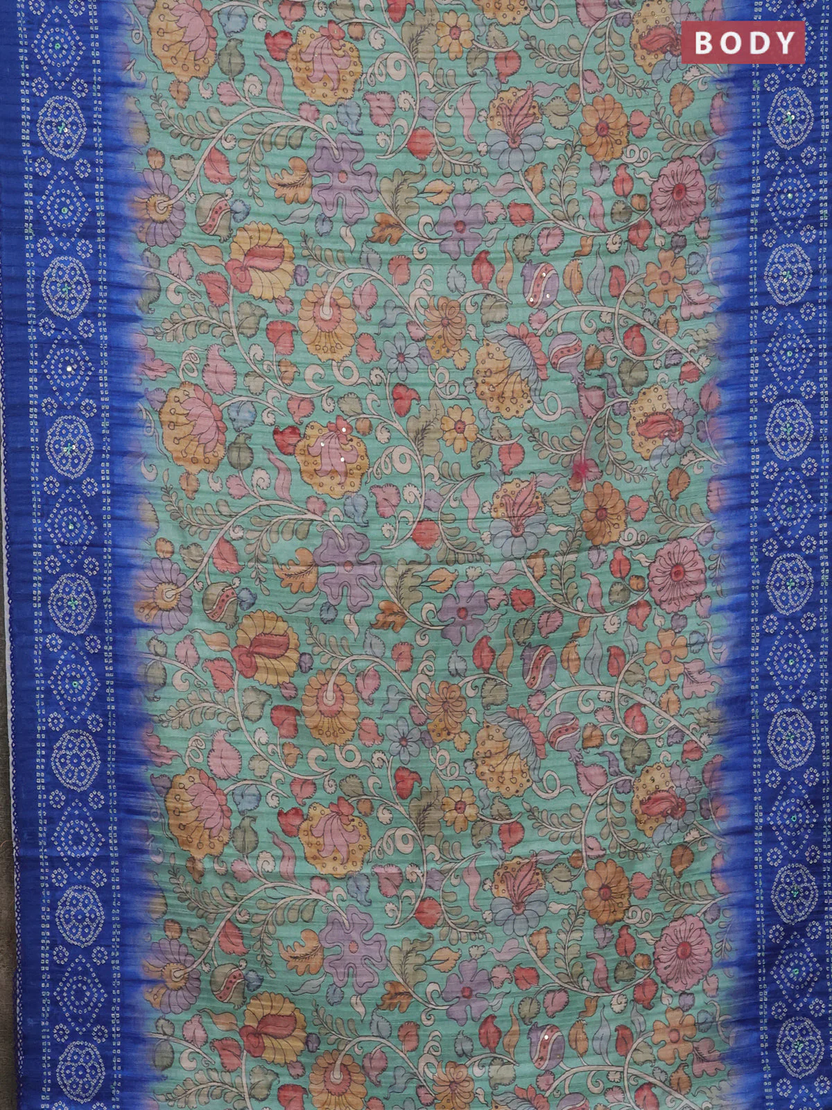 Matka tussar saree teal green and blue with allover kalamkari prints and bandhani printed & embroidery work border - Image 2