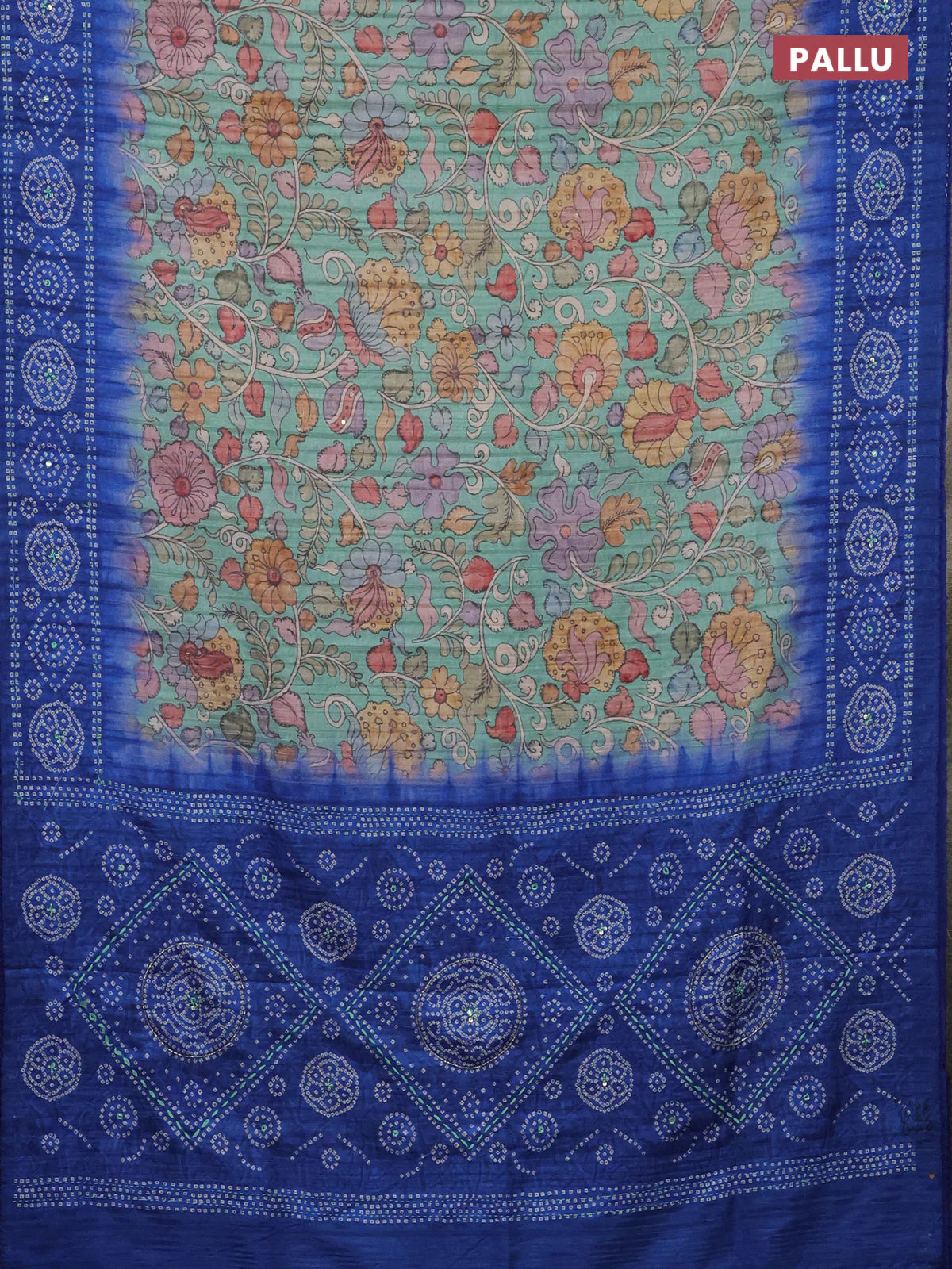 Matka tussar saree teal green and blue with allover kalamkari prints and bandhani printed & embroidery work border - Image 3