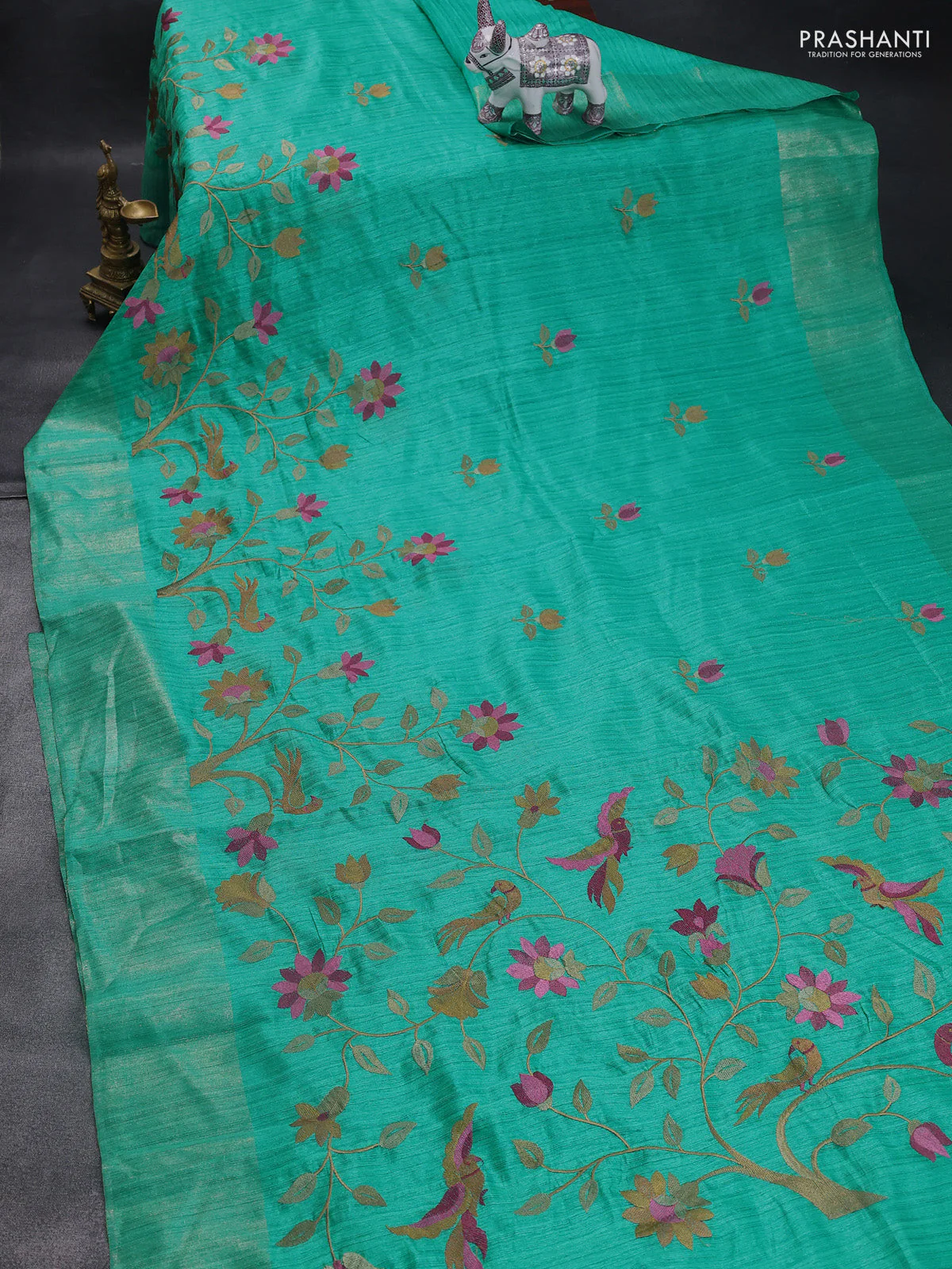 Matka tussar saree teal green with floral embroidery and zari woven border - Image 2
