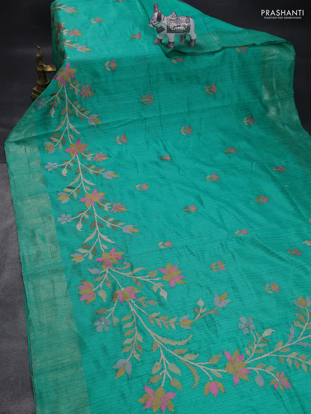 Matka tussar saree teal green with floral embroidery and zari woven border - Image 2