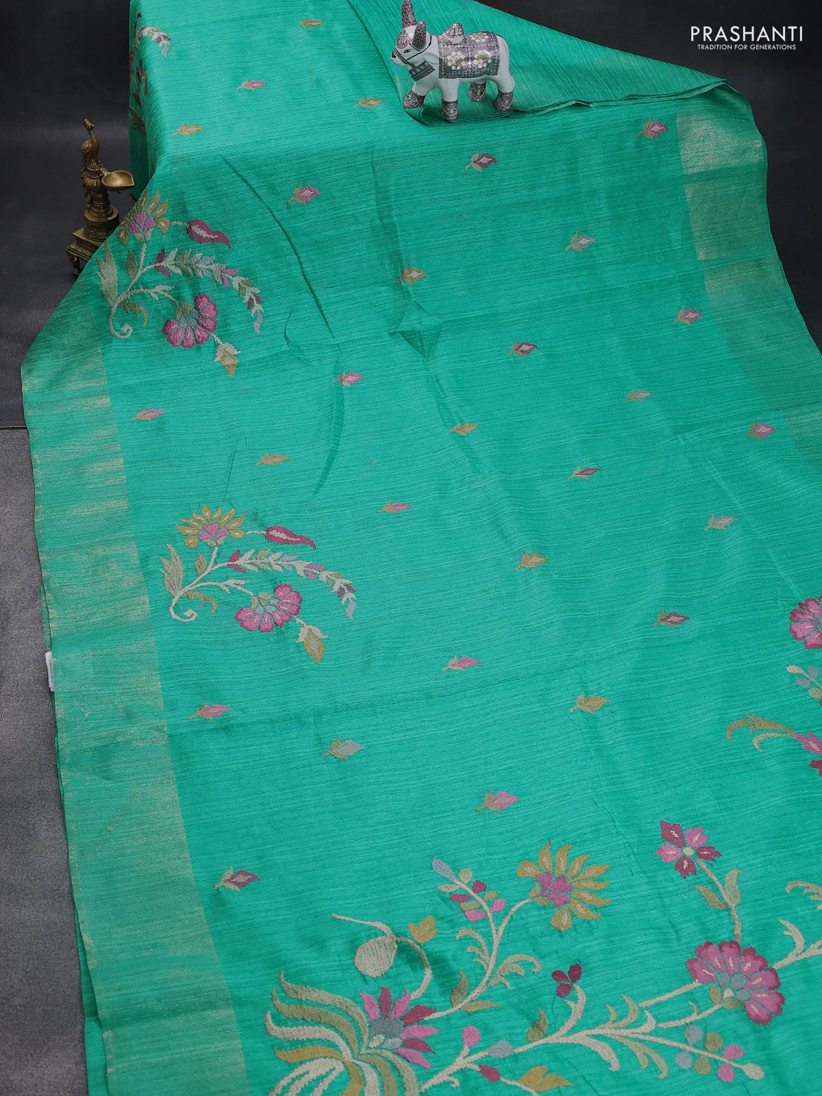 Matka tussar saree teal green with floral embroidery and zari woven border - Image 2