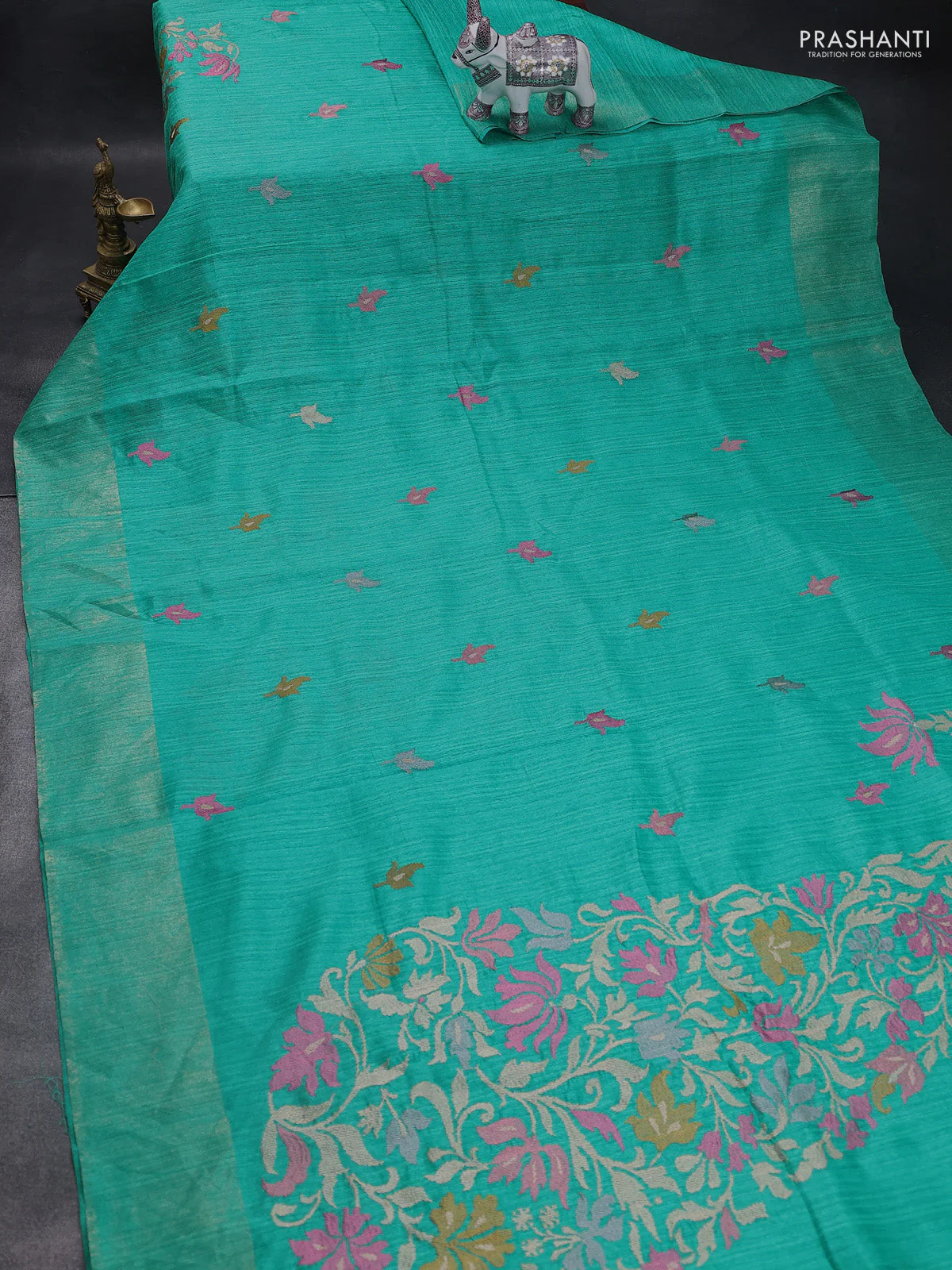 Matka tussar saree teal green with floral embroidery and zari woven border - Image 2