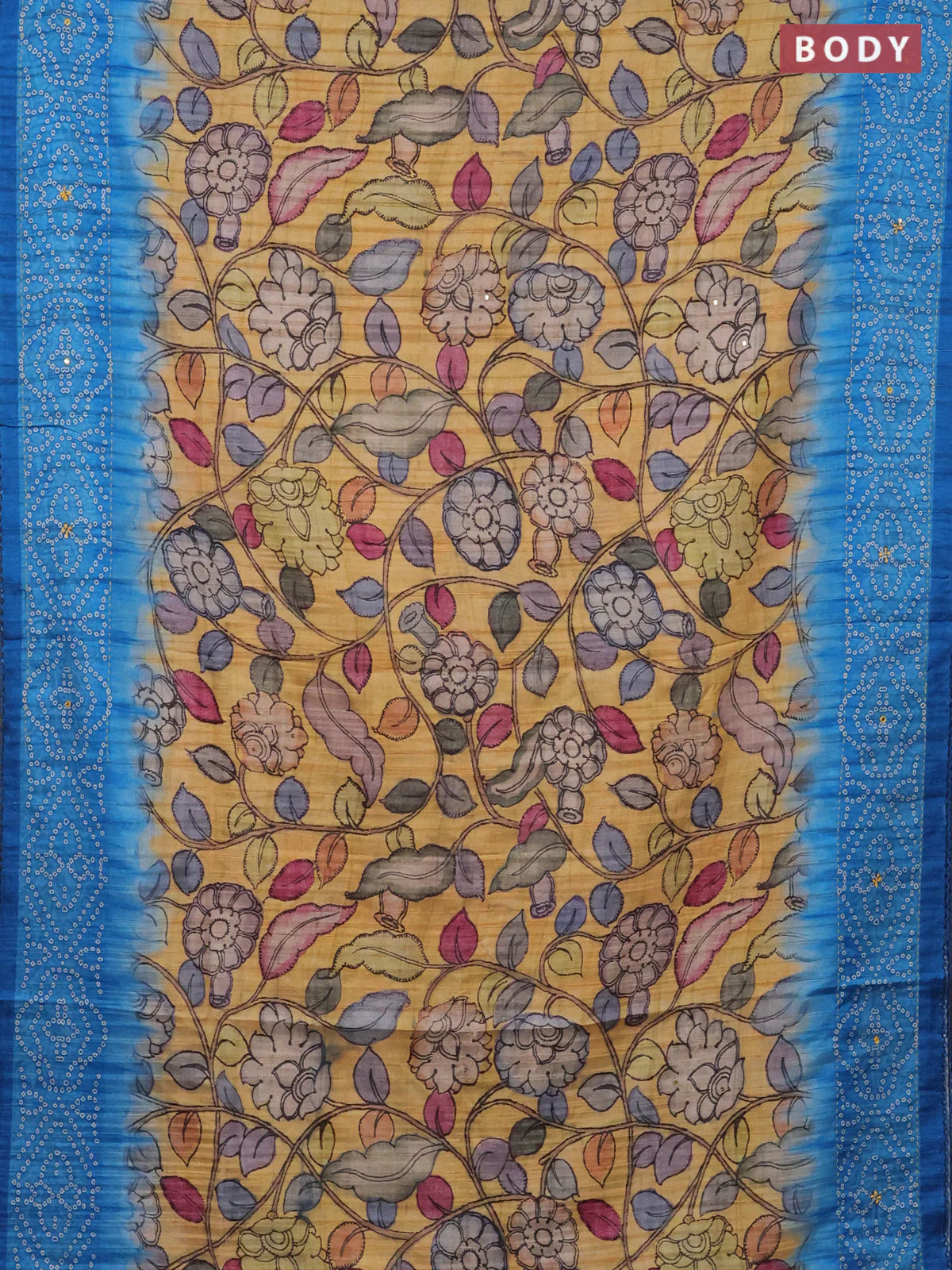 Matka tussar saree yellow and cs blue with allover kalamkari prints and bandhani printed & embroidery work border - Image 2