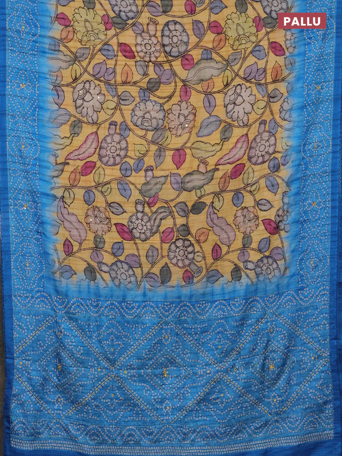 Matka tussar saree yellow and cs blue with allover kalamkari prints and bandhani printed & embroidery work border - Image 3