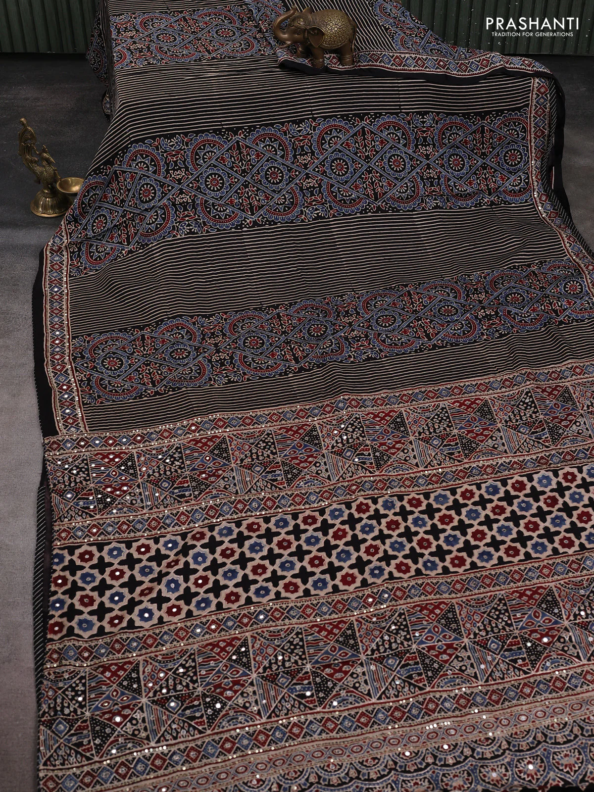 Modal silk saree beige and black with allover ajrakh prints and sequin embroidered work pallu - Image 2
