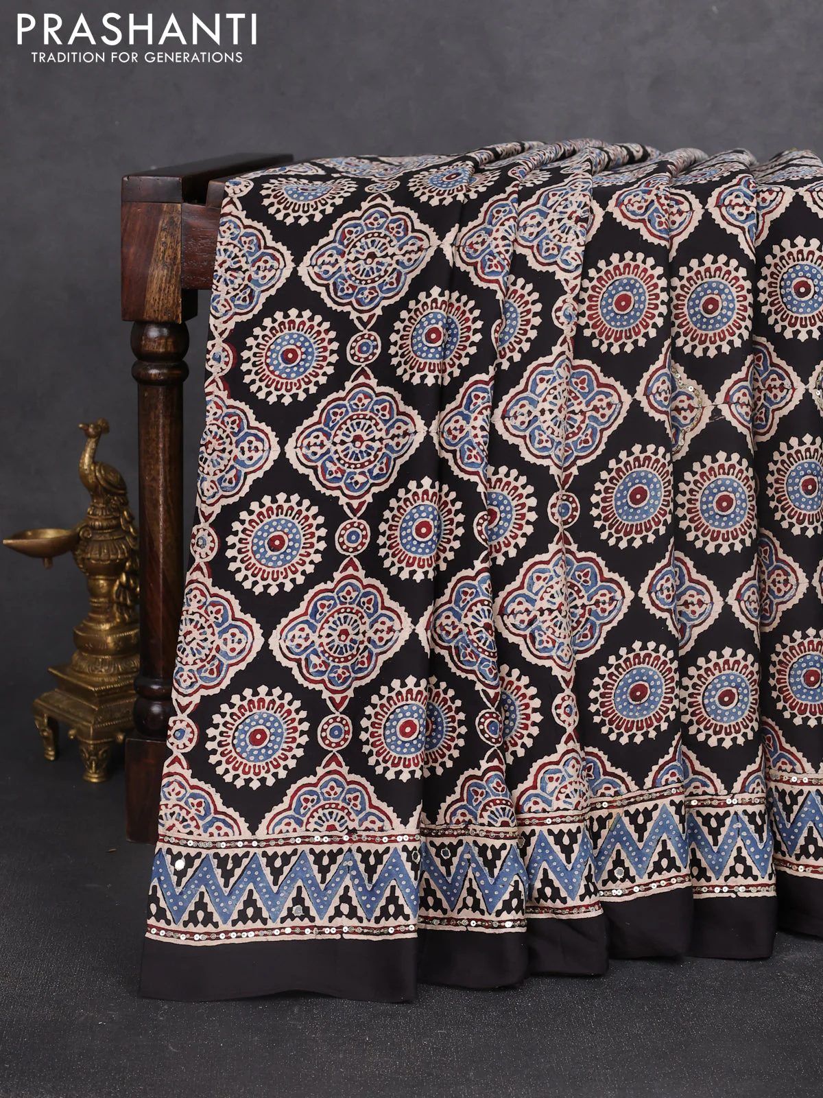 Modal silk saree black and beige with allover ajrakh prints & sequin work and sequin embroidered work pallu