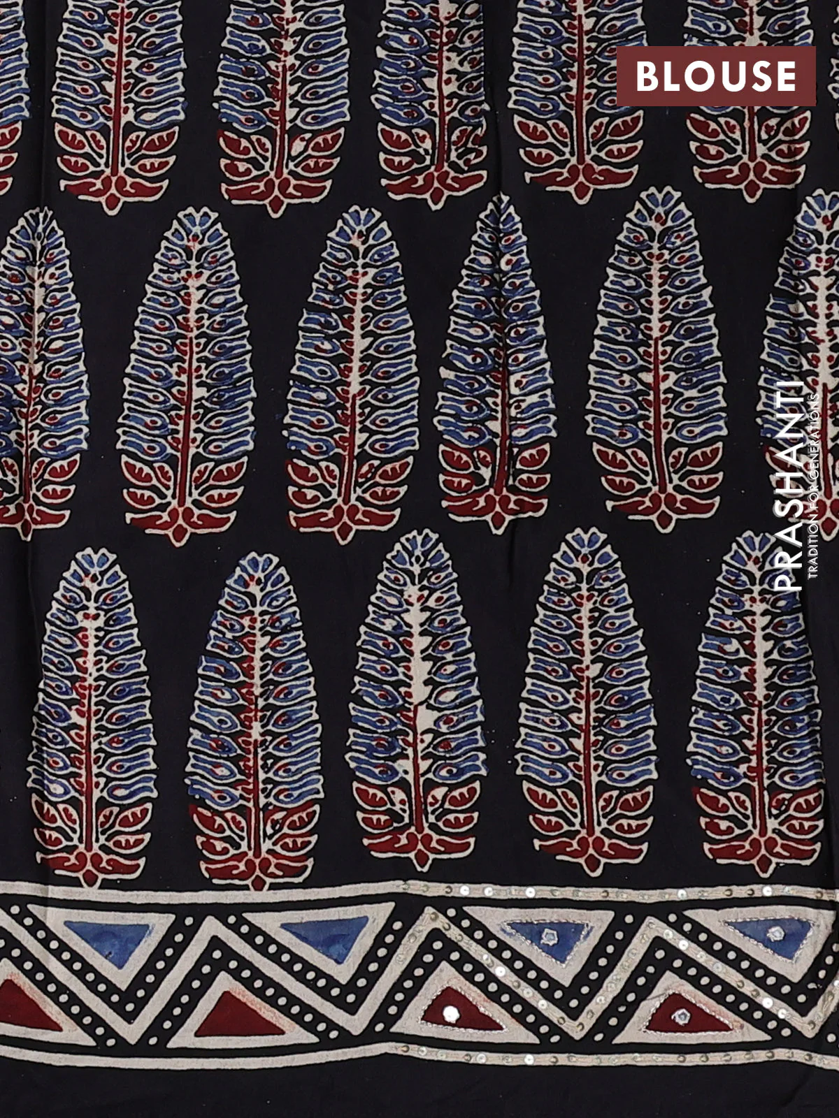 Modal silk saree black and beige with allover ajrakh prints & sequin work and sequin embroidered work pallu - Image 3