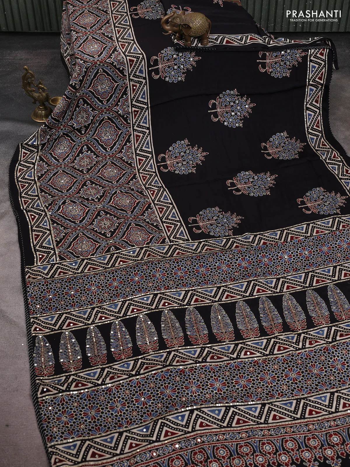 Modal silk saree black and cream with allover ajrakh prints & sequin work and sequin embroidered work pallu - Image 2
