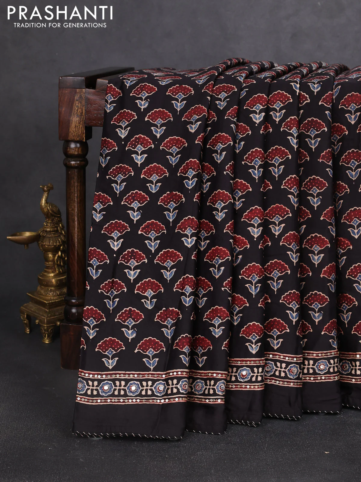 Modal silk saree black and maroon with allover ajrakh prints & sequin work and sequin embroidered work pallu